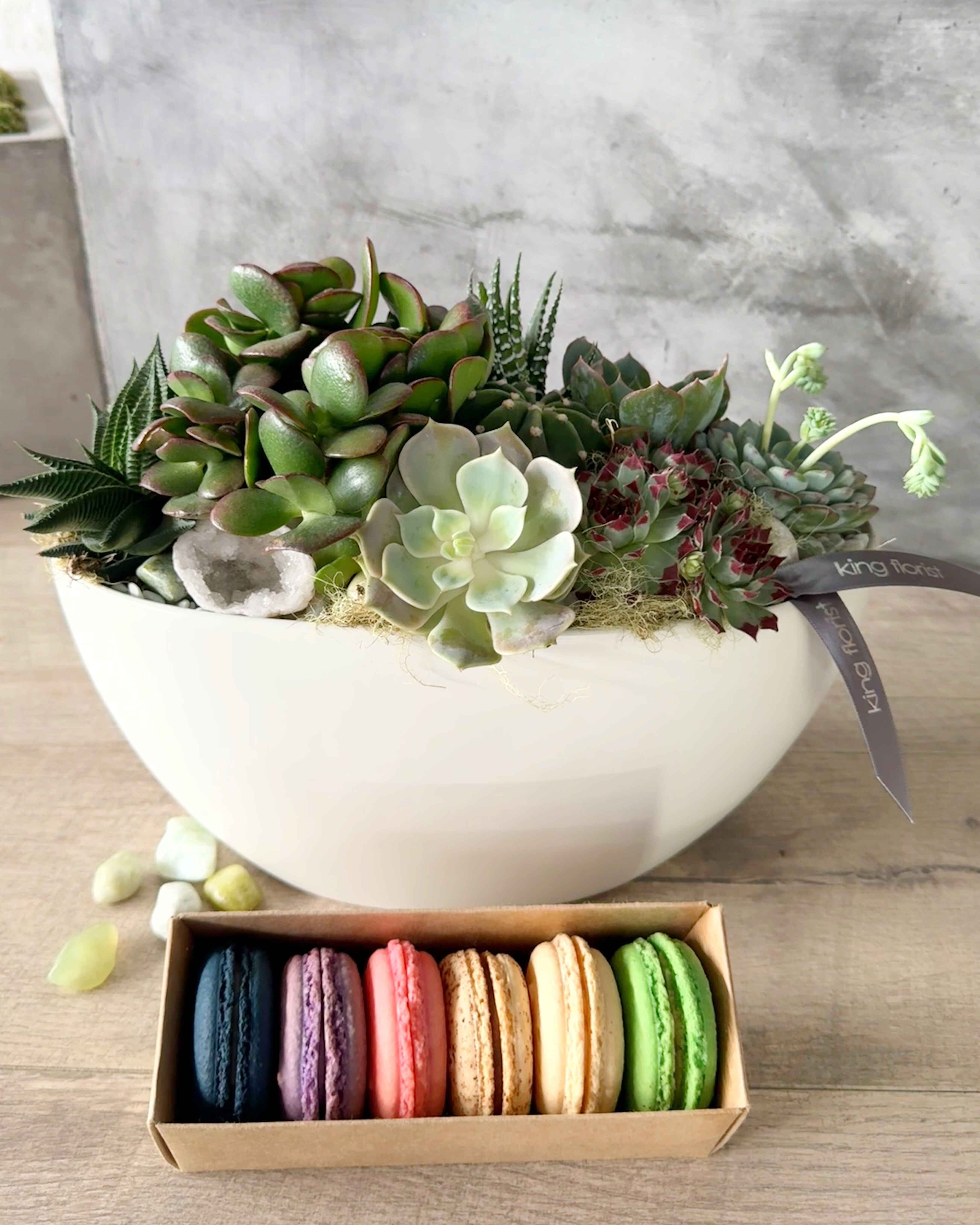Garden and Half Dozen Macarons size, inches height and inches wide.