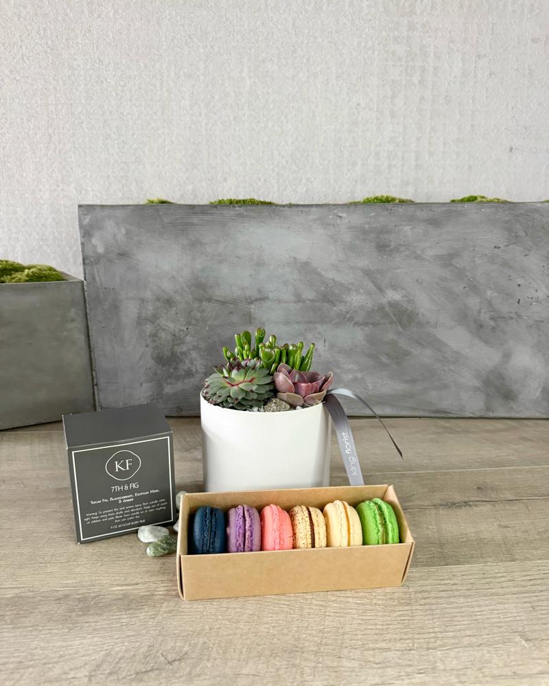 Garden, Half Dozen Macarons, and Candle size, inches height and inches wide.