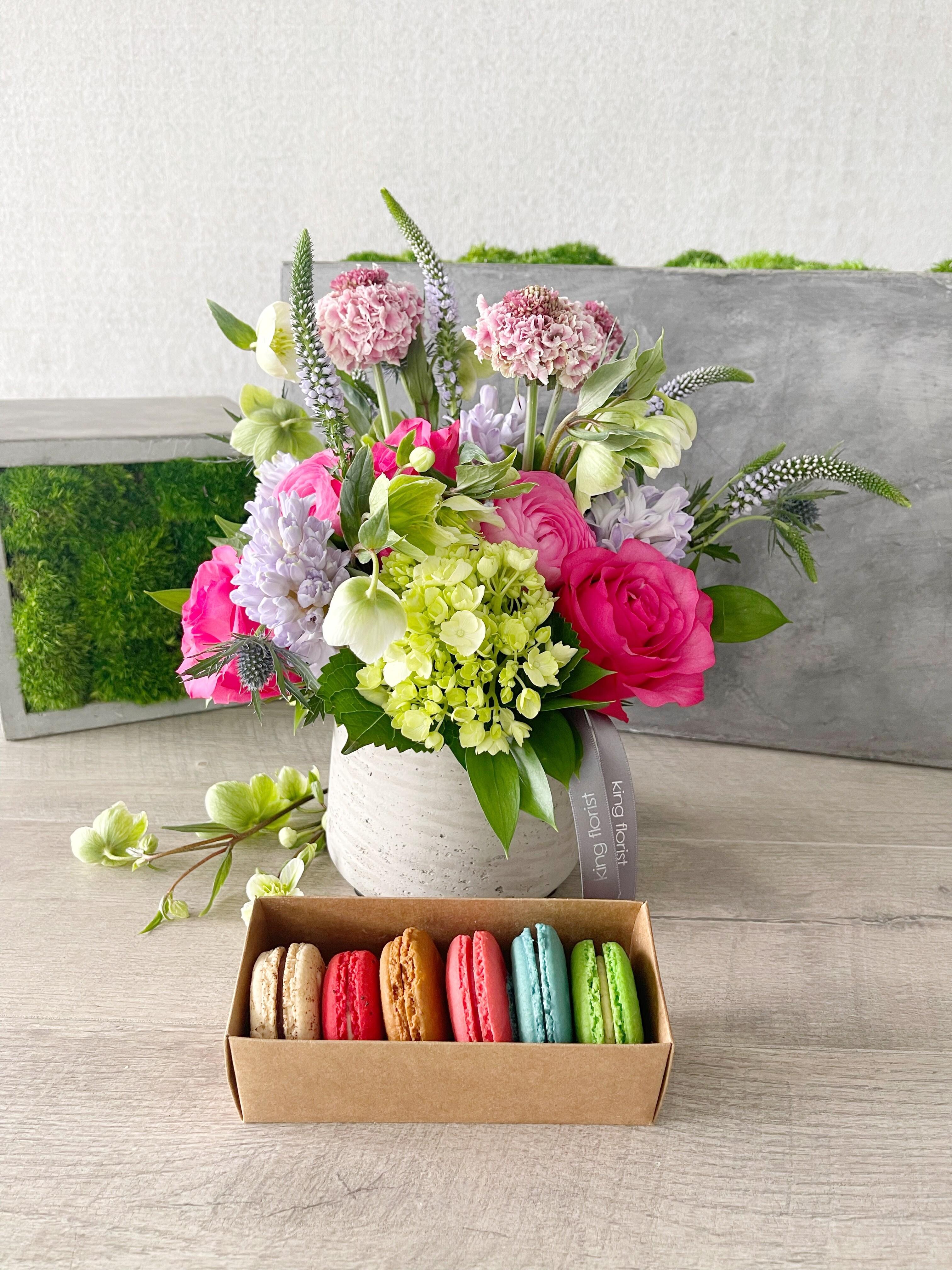 Floral Arrangement and Half Dozen Macarons size, inches height and inches wide.