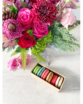 Floral Arrangement and Half Dozen Macarons size, inches height and inches wide.