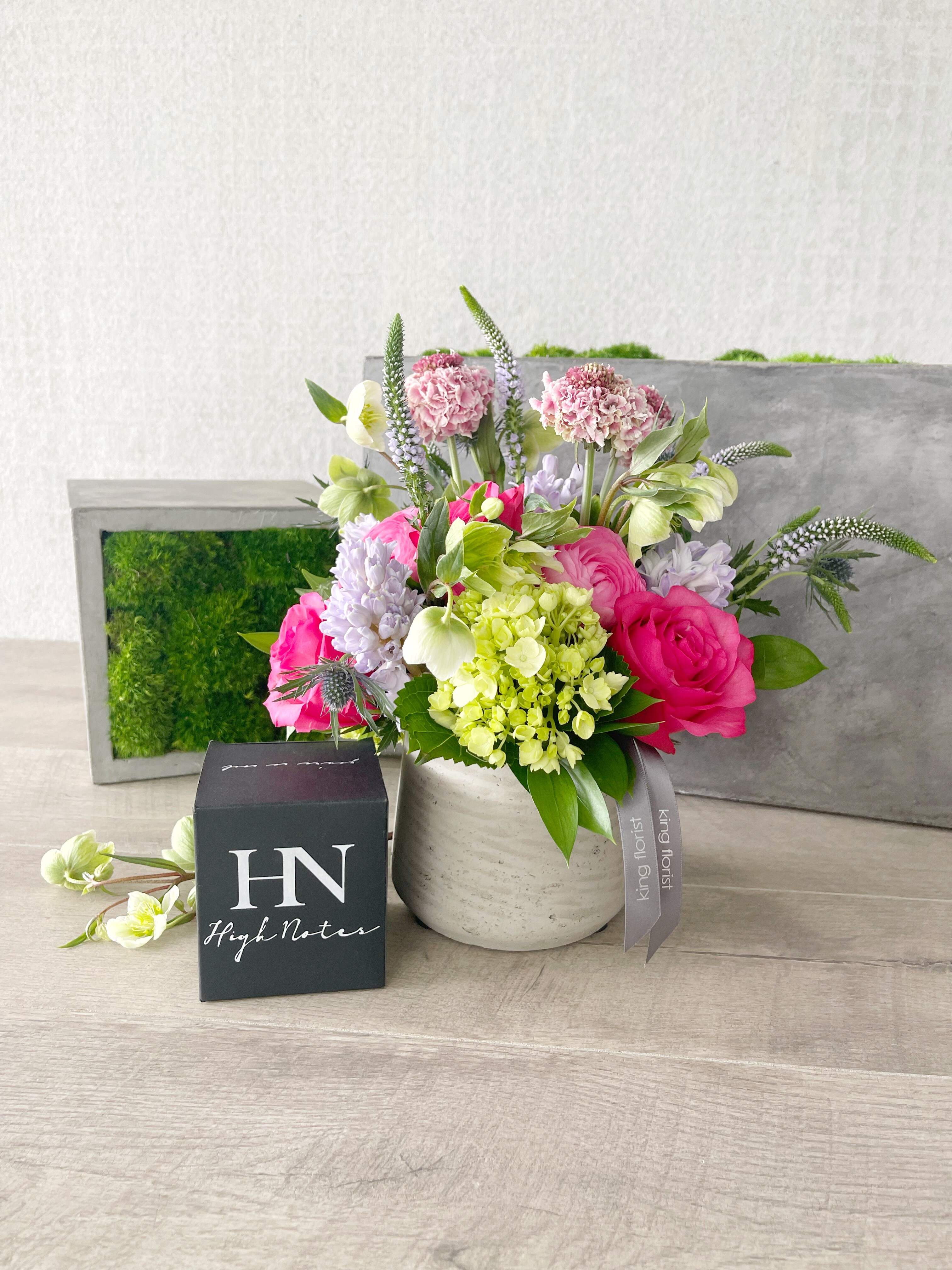 Floral Arrangement and Candle size, inches height and inches wide.