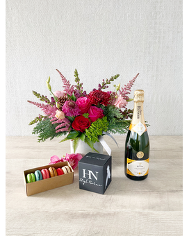 Floral Arrangement and Champagne size, inches height and inches wide.