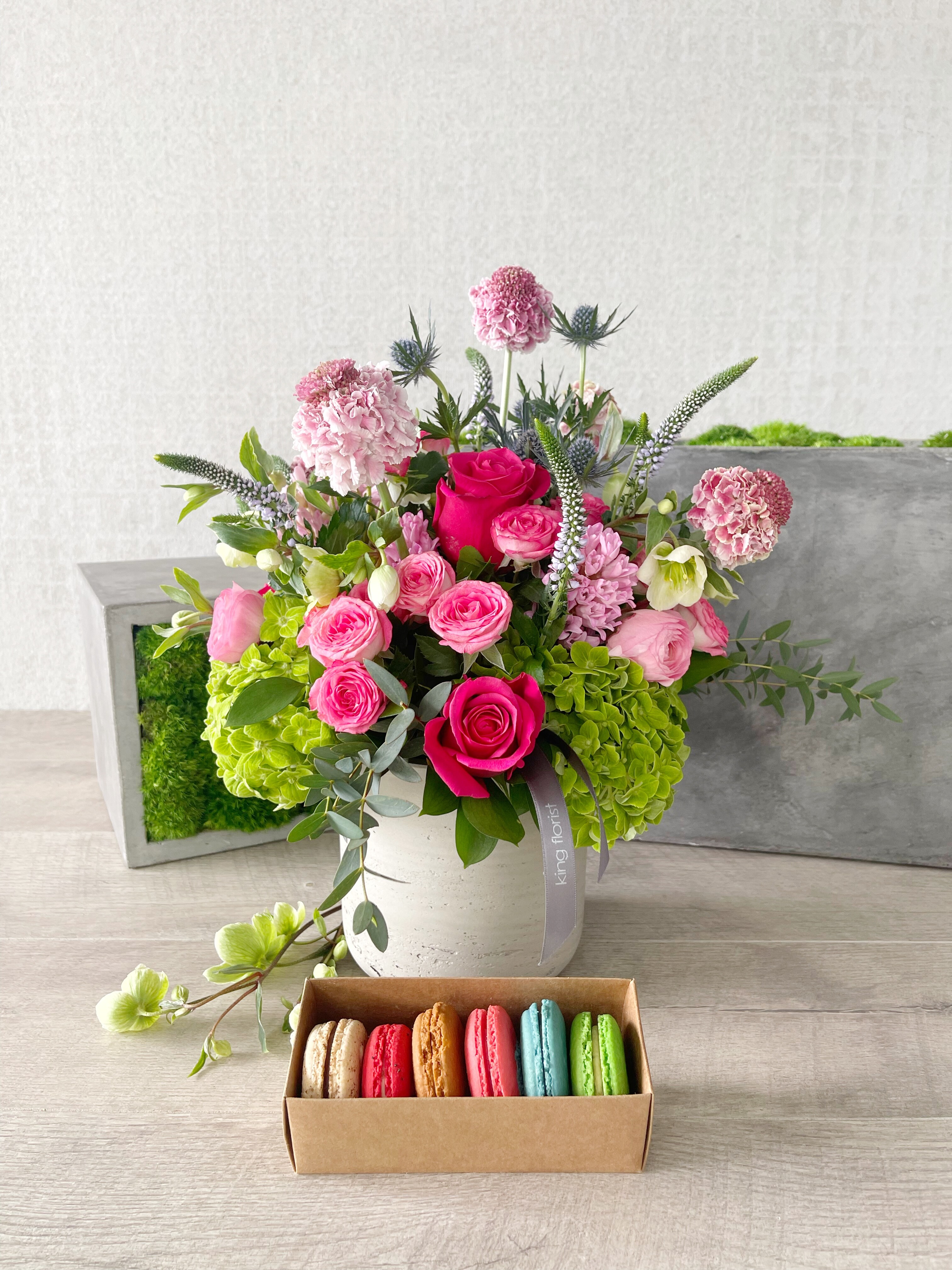 PremiumFloral Arrangement and Half Dozen Macarons size, inches height and inches wide.