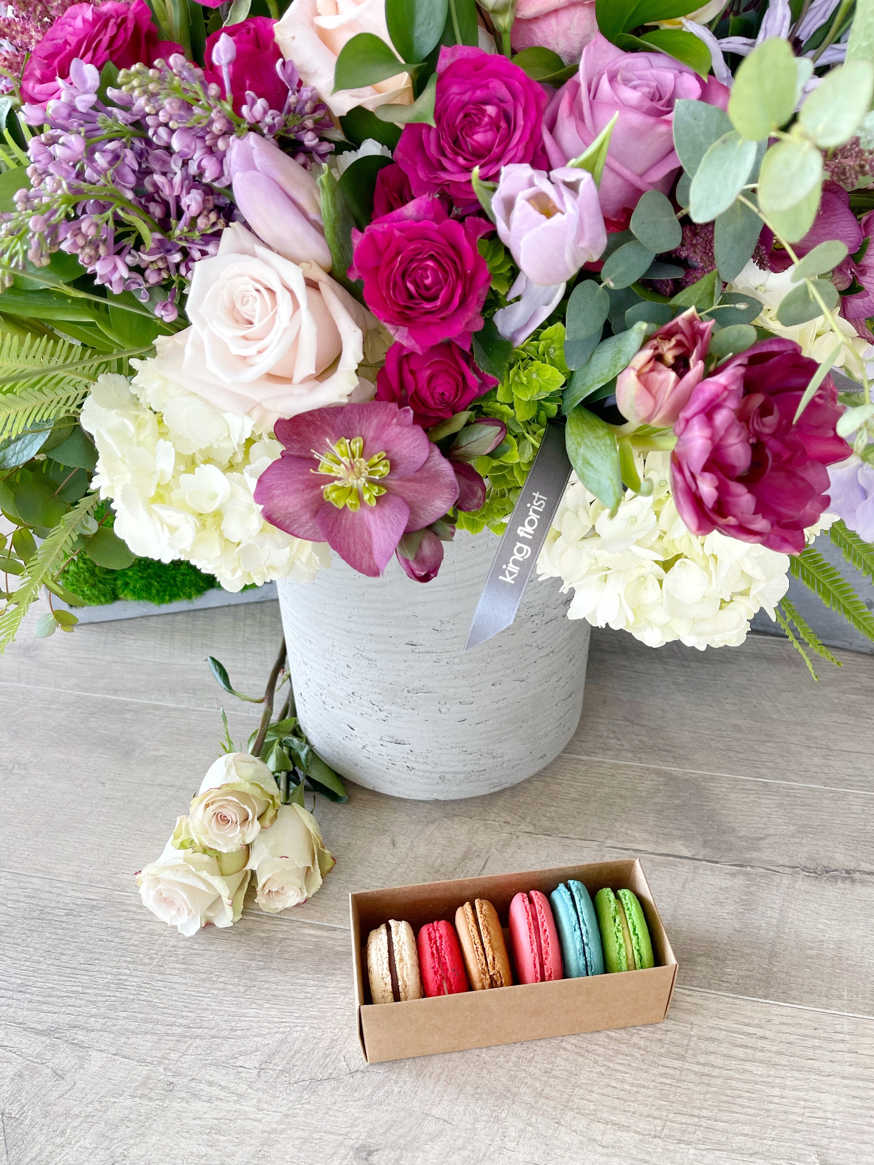 Floral Arrangement and Half Dozen Macarons size, inches height and inches wide.