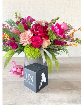 Floral Arrangement and Candle size, inches height and inches wide.