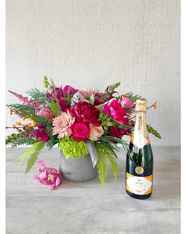 Floral Arrangement and Champagne size, inches height and inches wide.