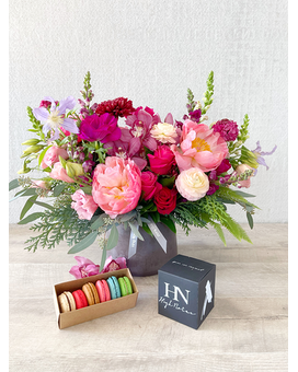 Floral Arrangement, Half Dozen Macarons, and Candle size, inches height and inches wide.