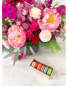 Floral Arrangement and Half Dozen Macarons size, inches height and inches wide.