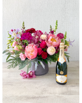 Floral Arrangement and Champagne size, inches height and inches wide.