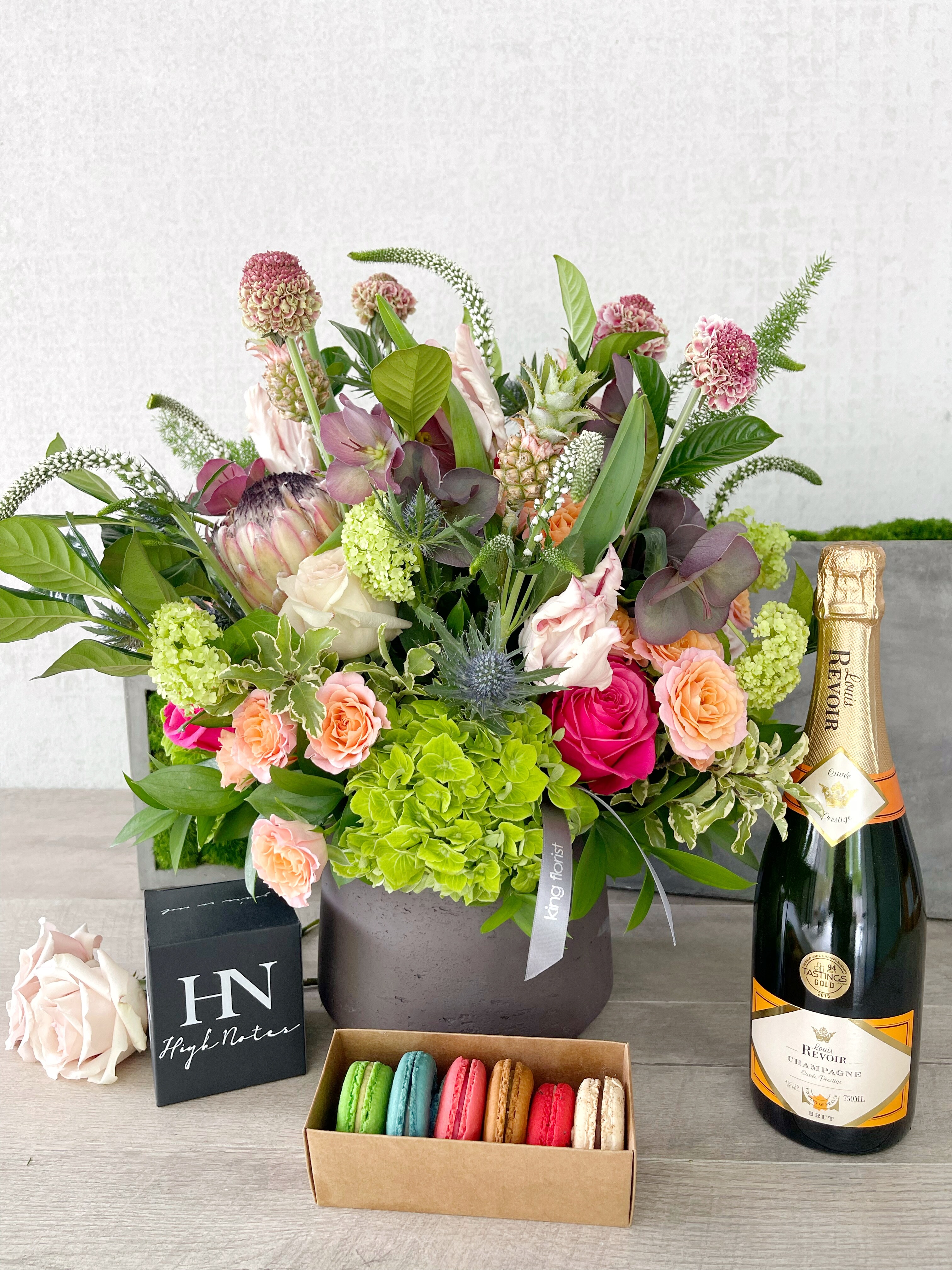 Floral Arrangement and All Add-ons size, inches height and inches wide.