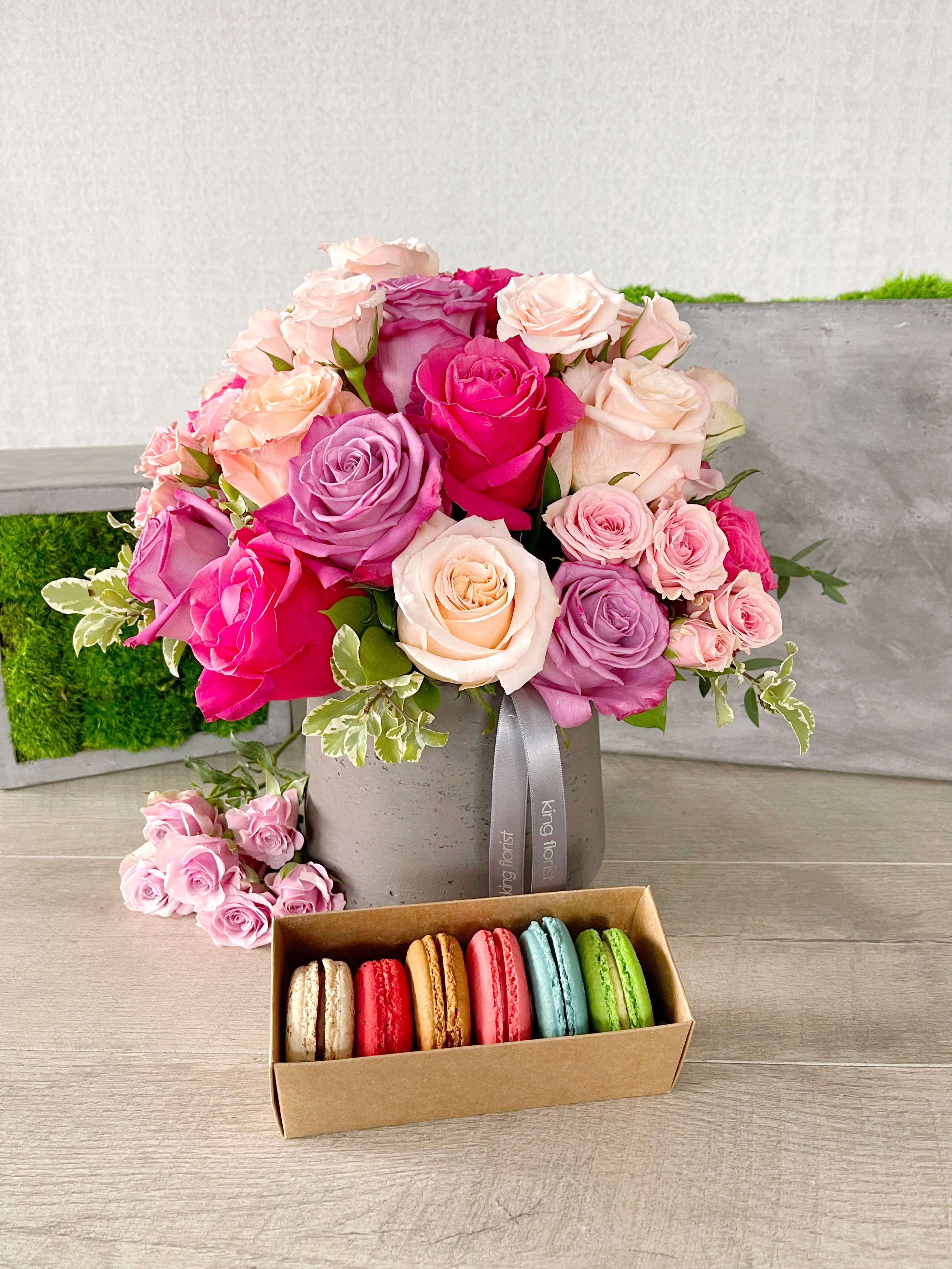 Floral Arrangement and Half Dozen Macarons size, inches height and inches wide.