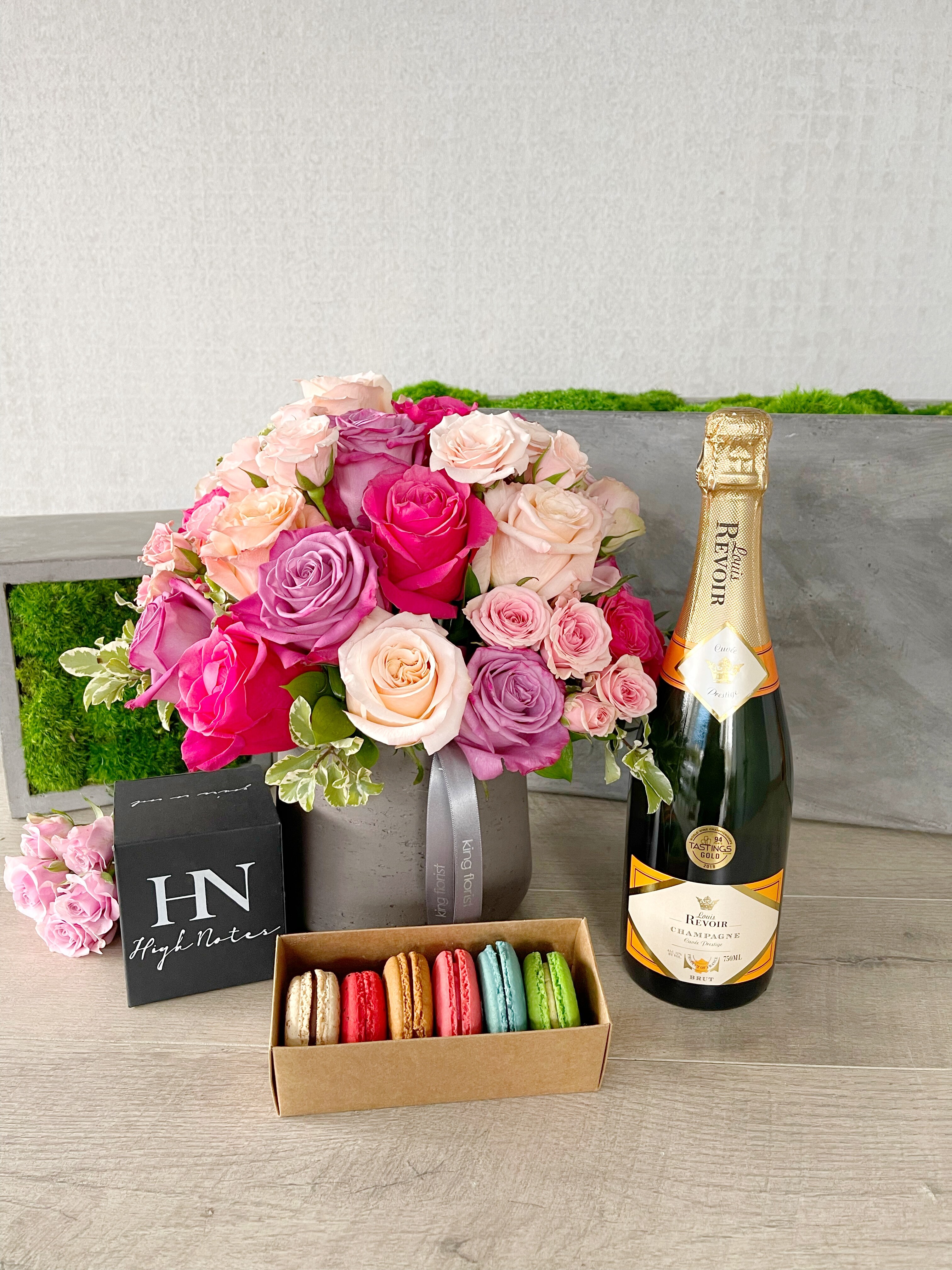 Floral Arrangement and All Add-ons size, inches height and inches wide.