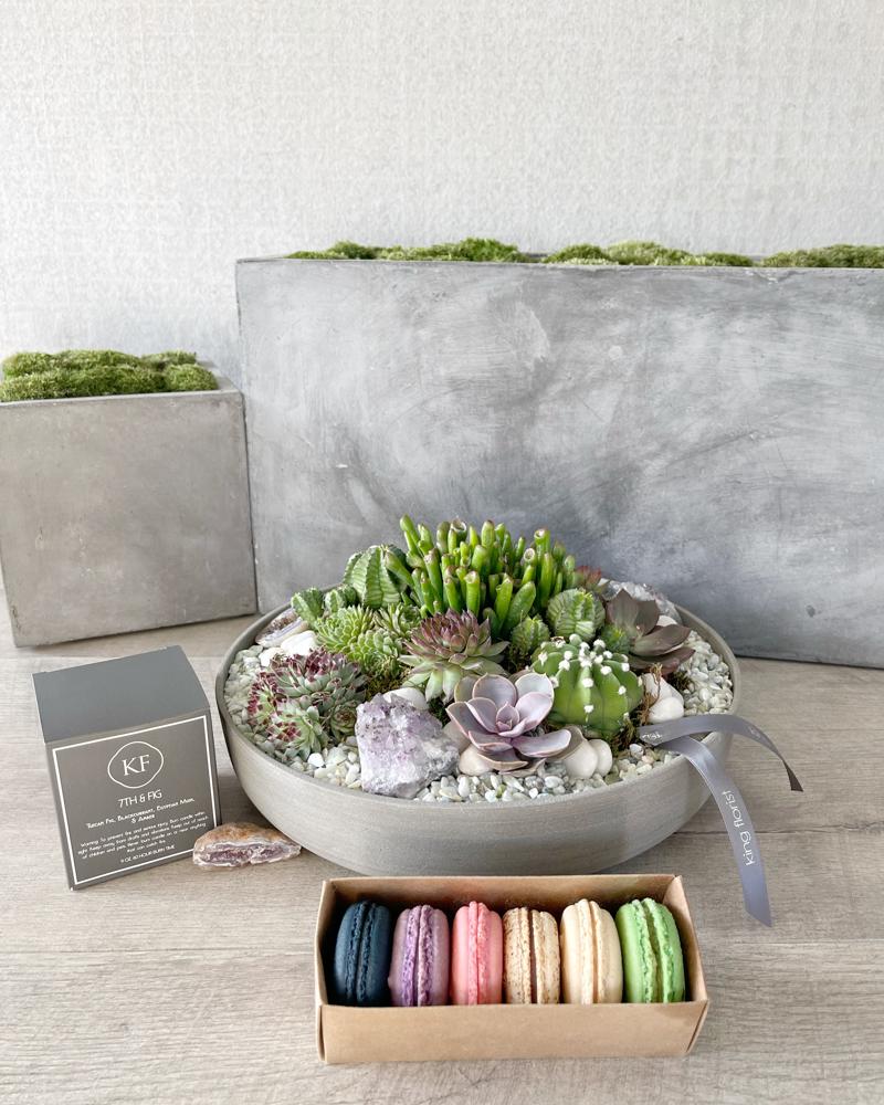 Garden, Half dozen Macarons, and Candle size, inches height and inches wide.