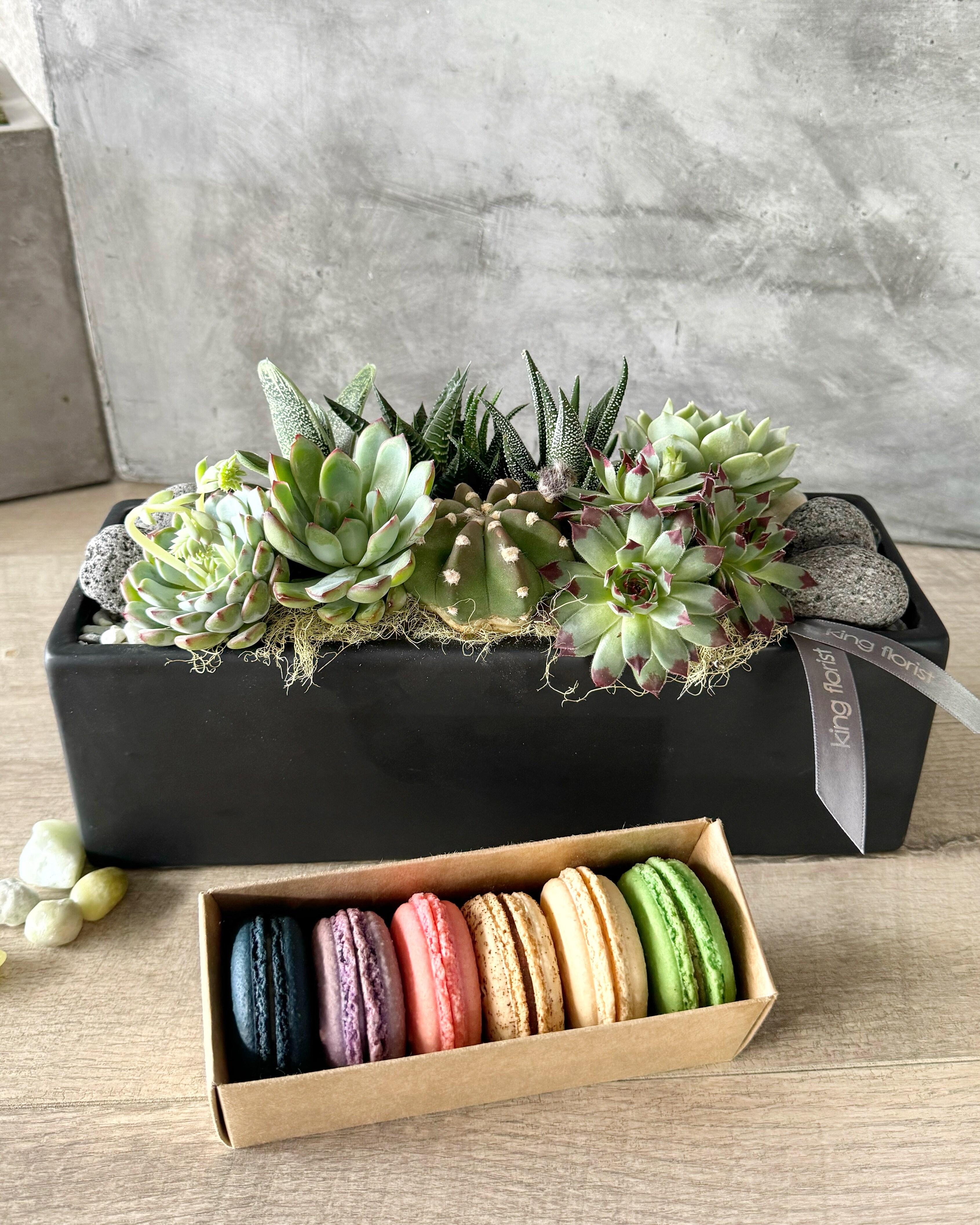 Garden and Half Dozen Macarons size, inches height and inches wide.