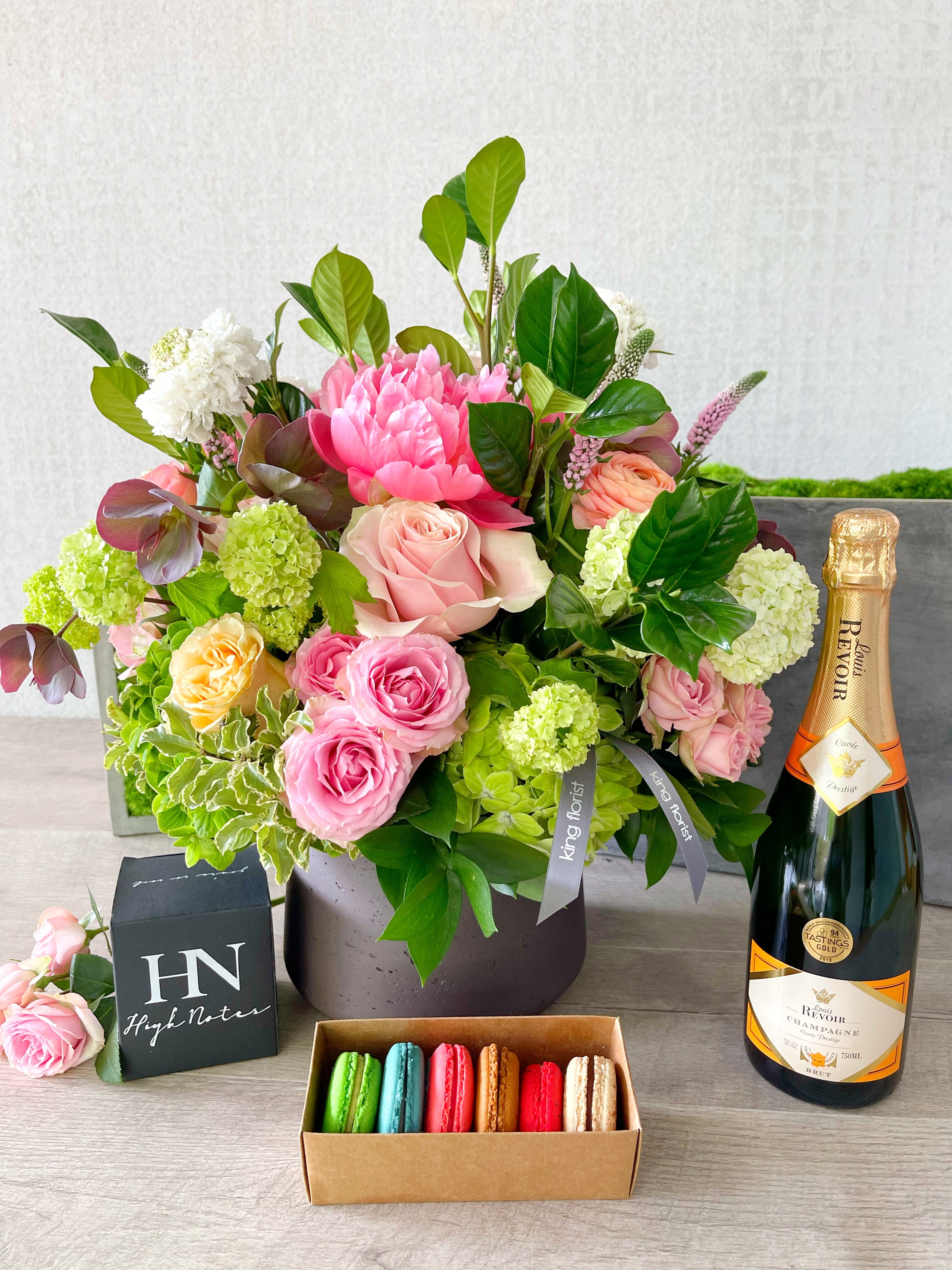 Floral Arrangement and All Add-ons size, inches height and inches wide.