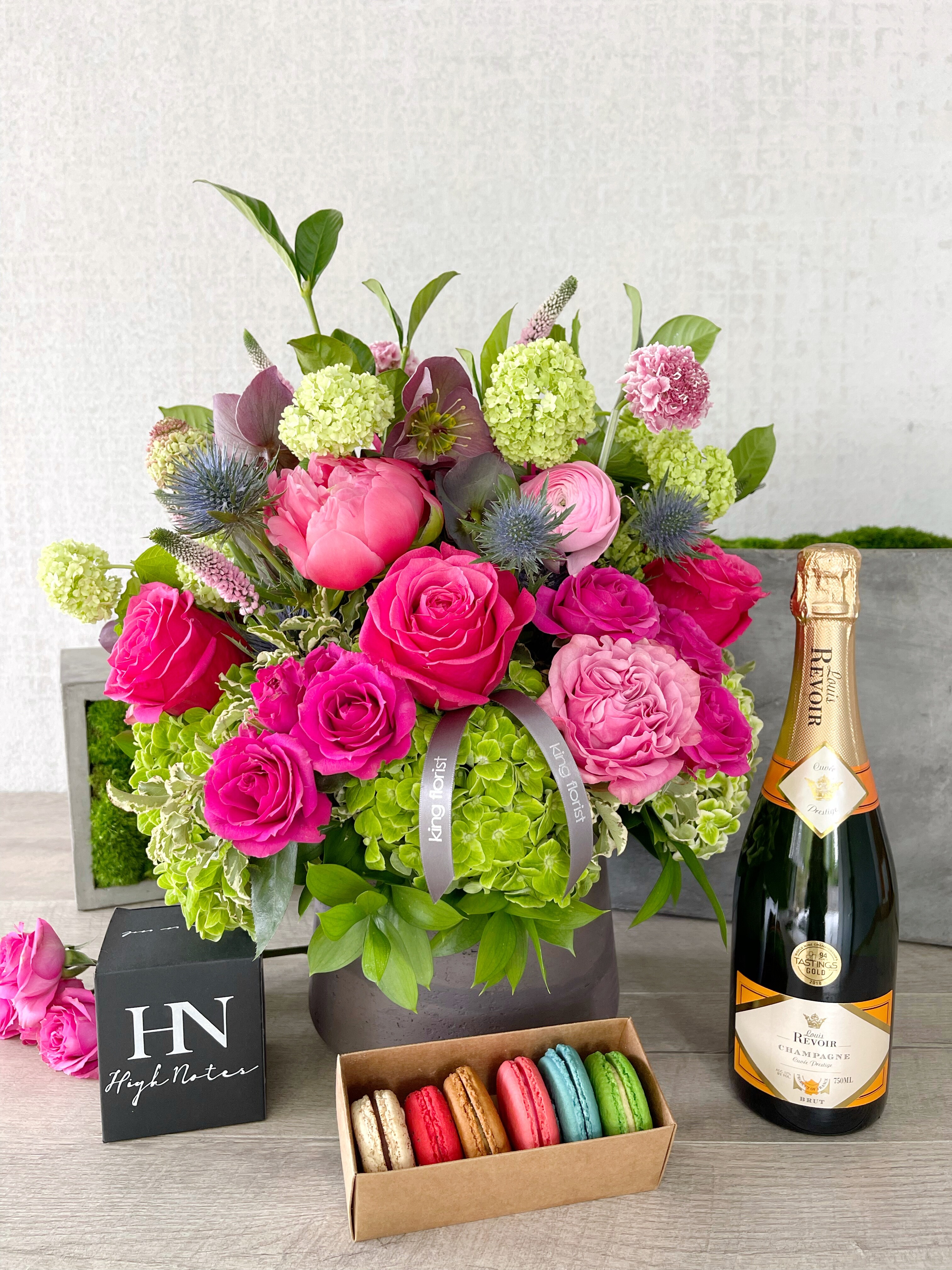 Floral Arrangement and All Add-ons size, inches height and inches wide.