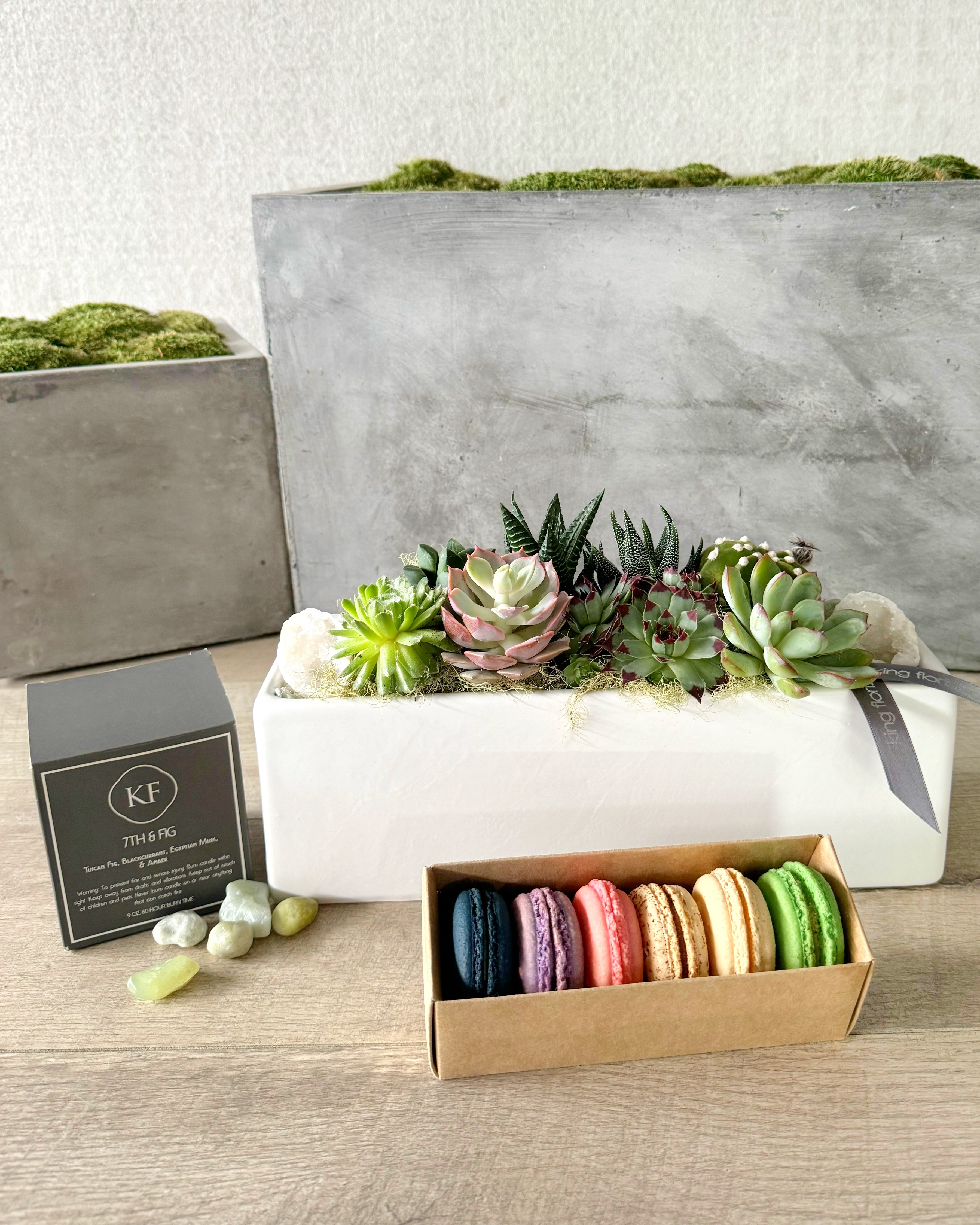 Garden, Macarons and Candle size, inches height and inches wide.