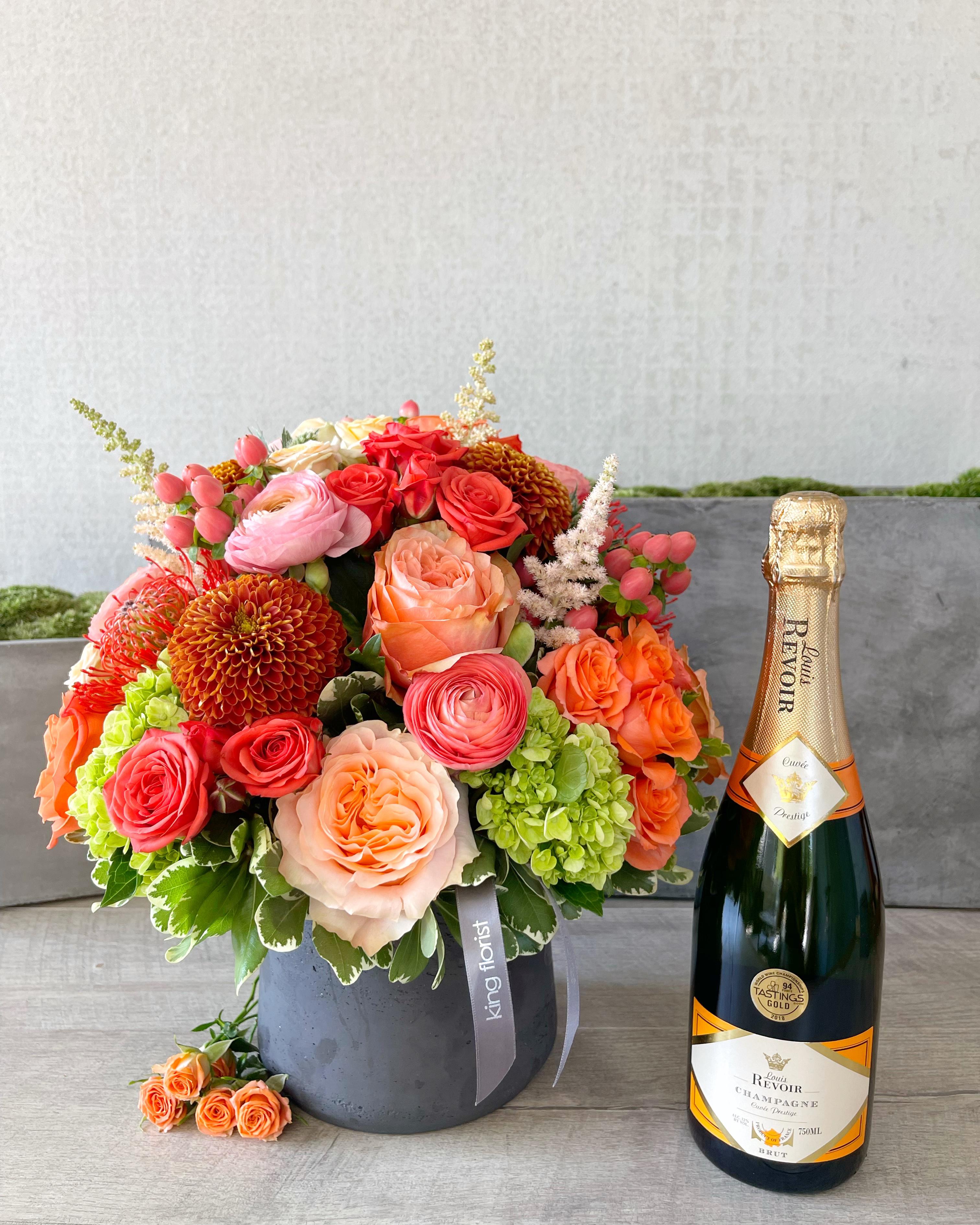 Floral Arrangement and Champagne size, inches height and inches wide.
