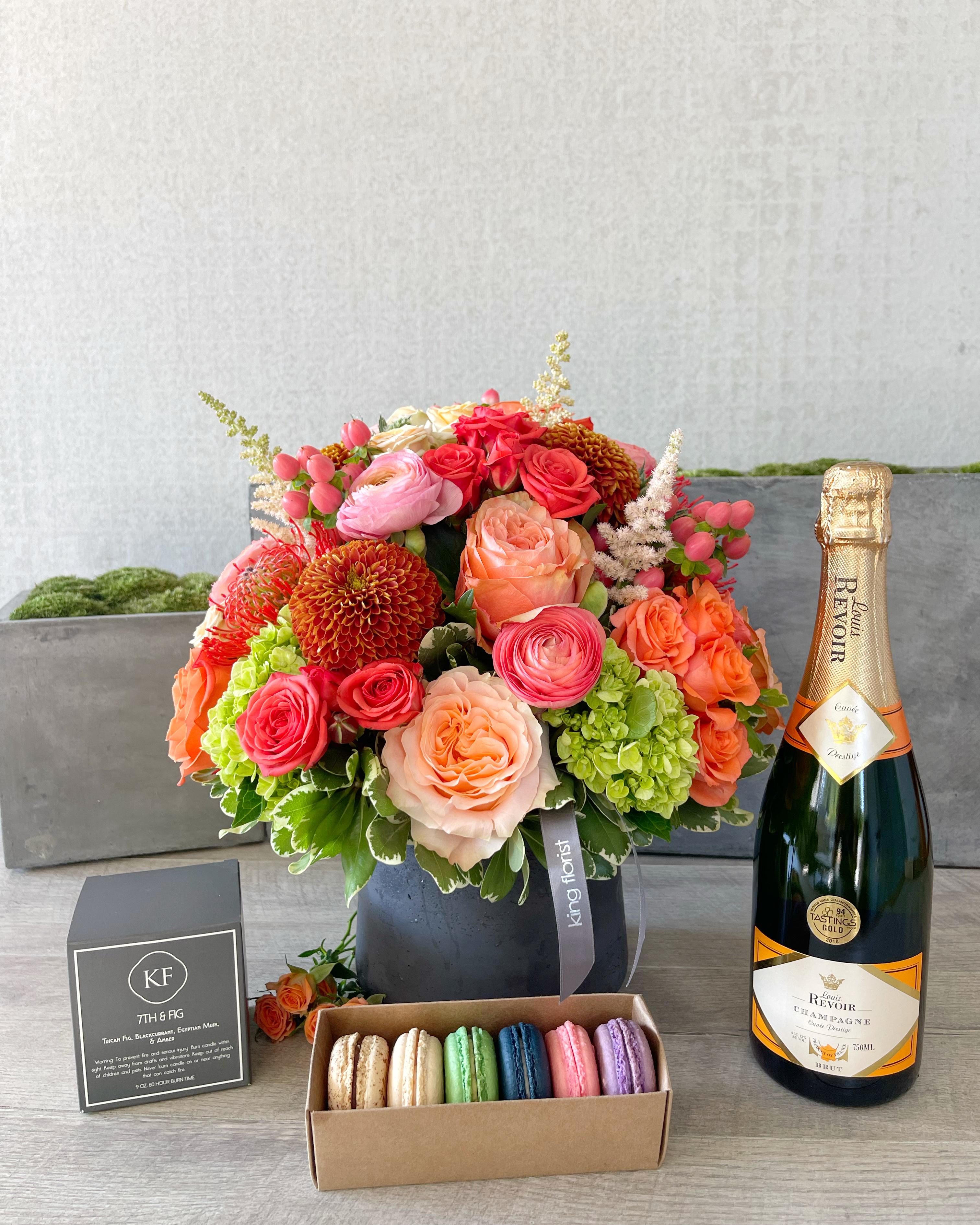 Floral Arrangement and All Add-ons size, inches height and inches wide.