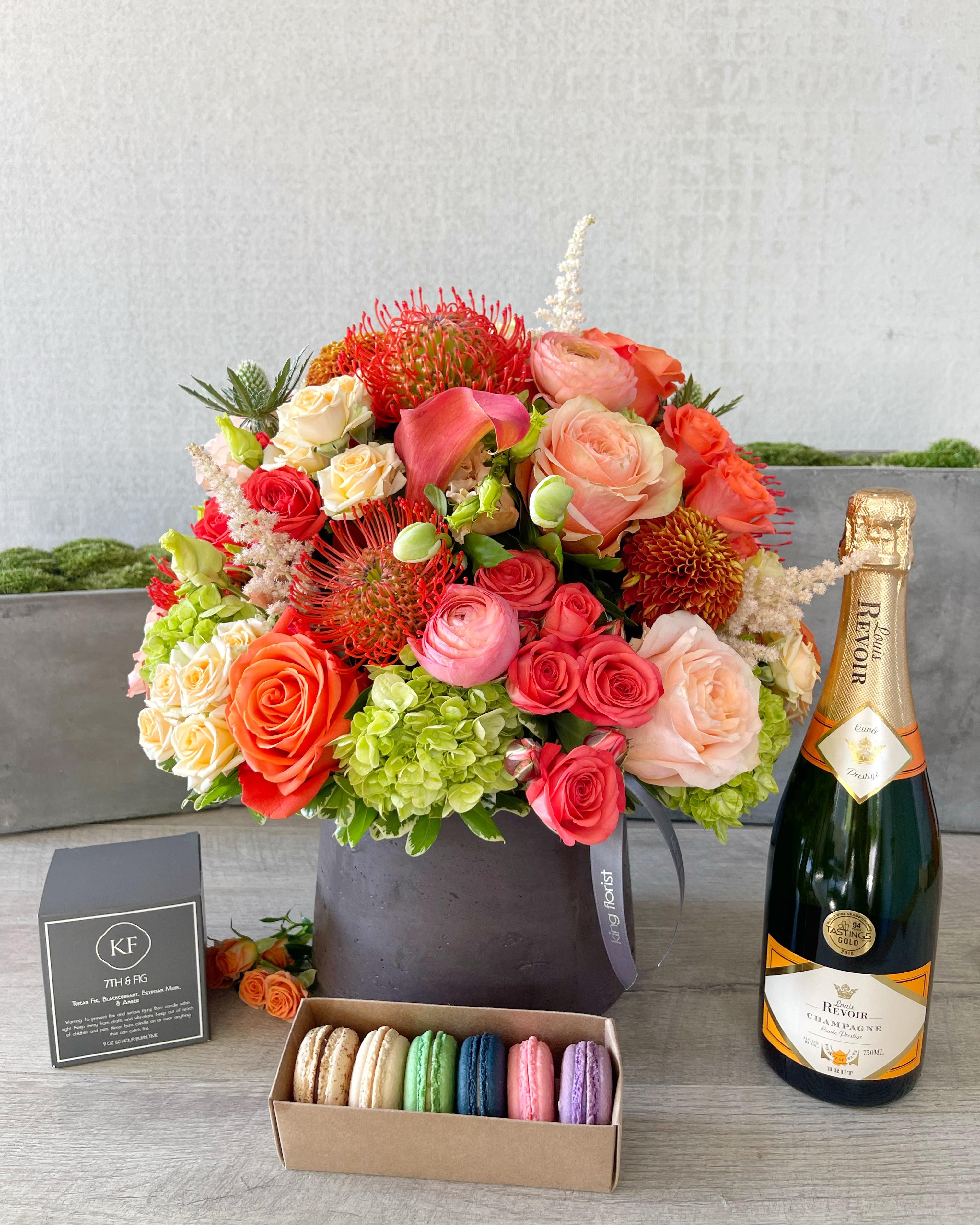 Floral Arrangement and All Add-Ons size, inches height and inches wide.
