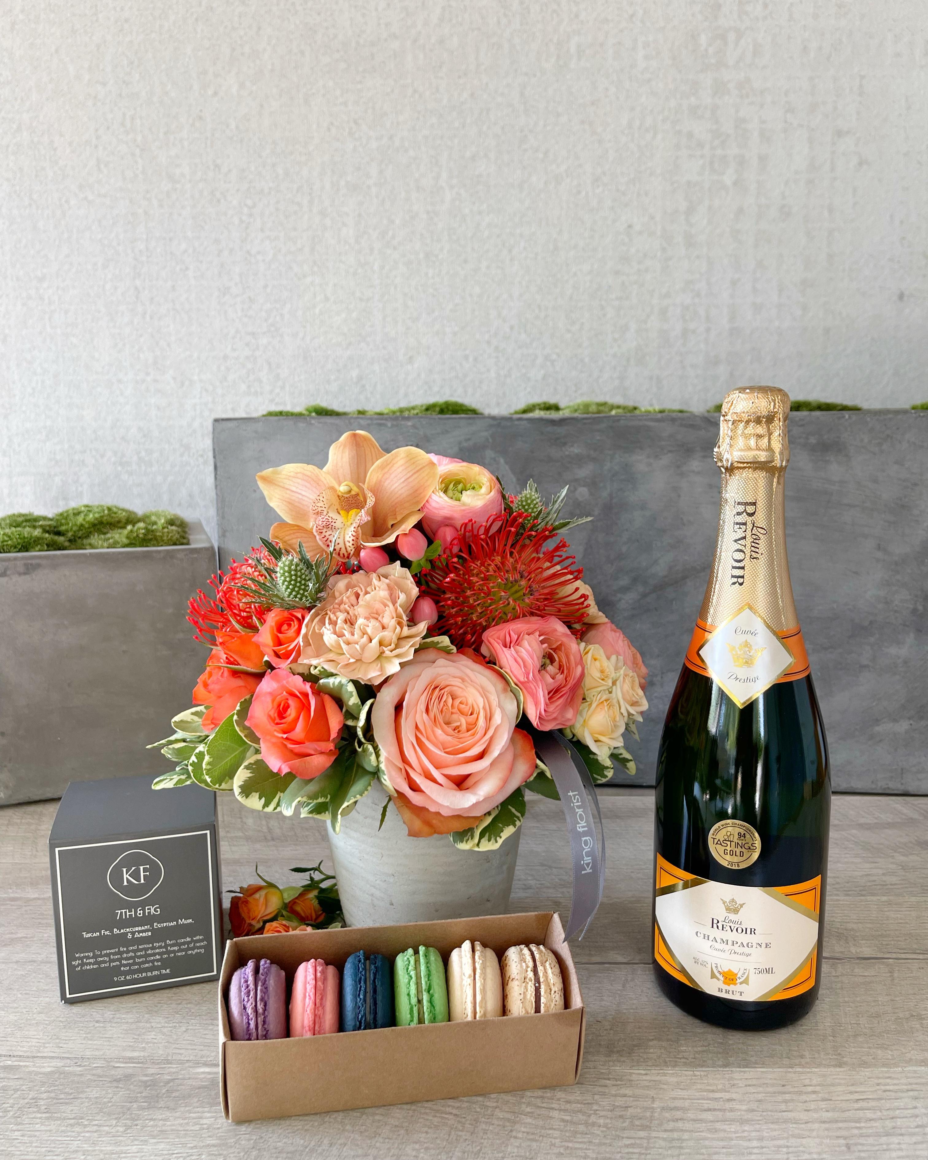 Floral Arrangement and All Add-ons size, inches height and inches wide.