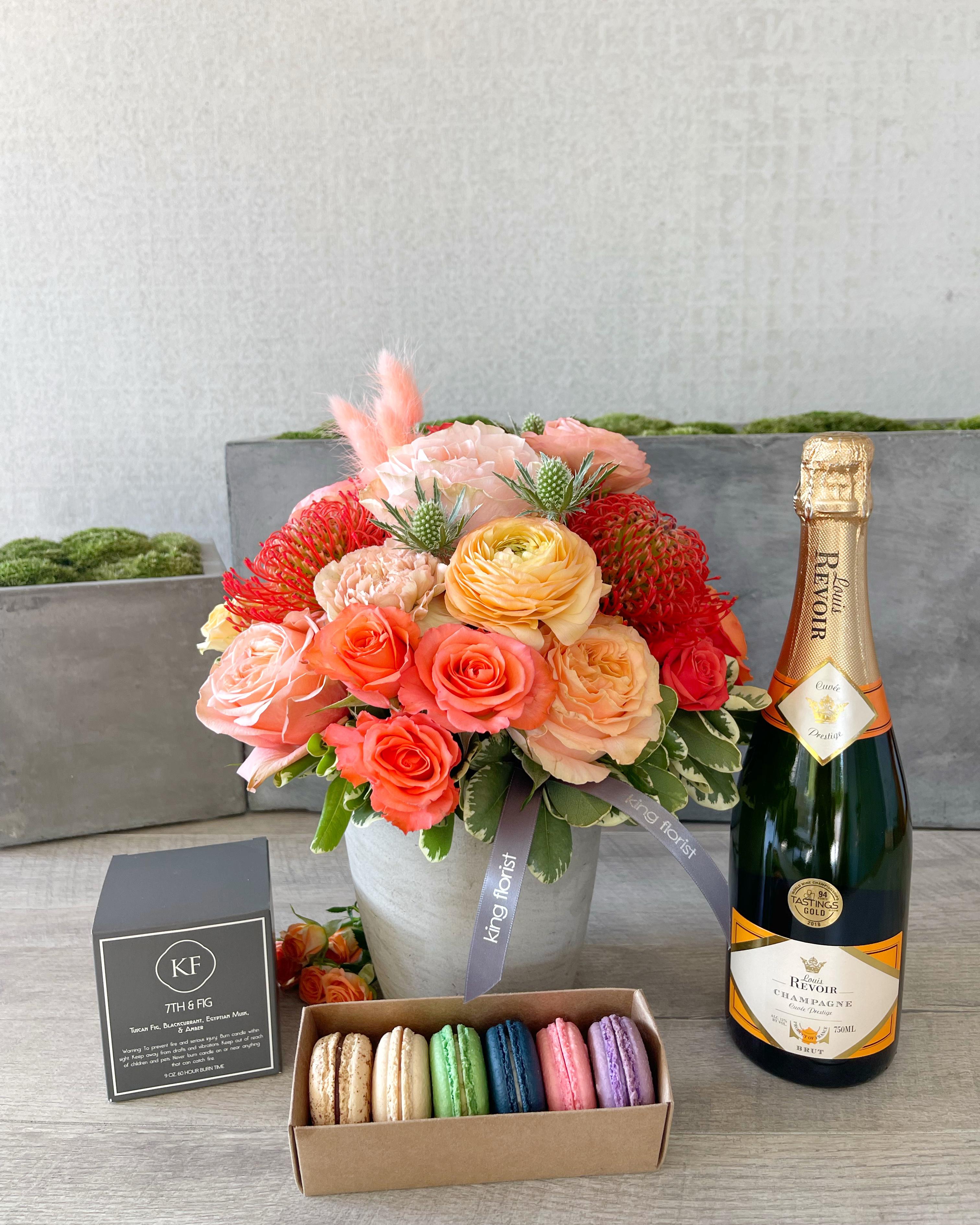 Floral Arrangement and All Add-ons size, inches height and inches wide.