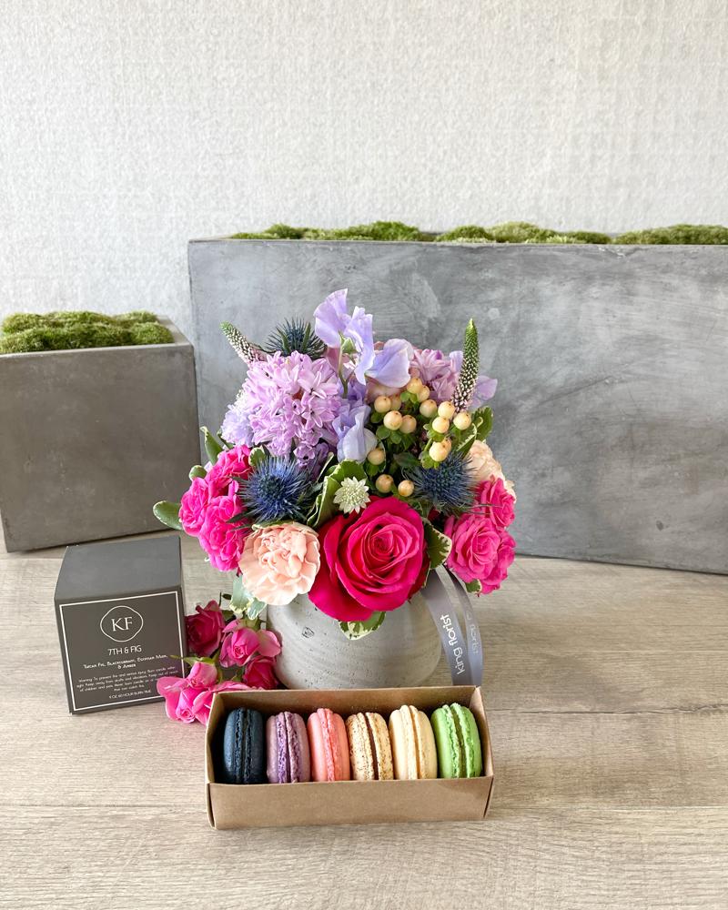 Floral Arrangement, Half Dozen Macarons and a Candle size, inches height and inches wide.