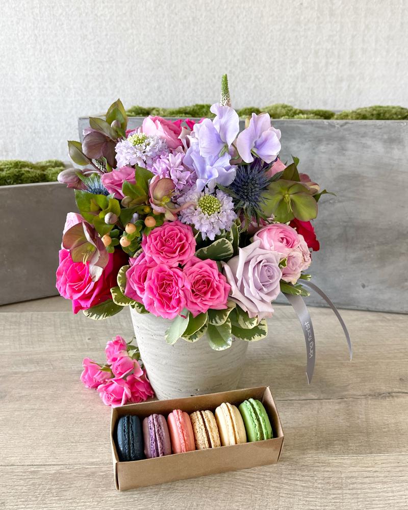 Floral Arrangement and Half Dozen Macarons size, inches height and inches wide.