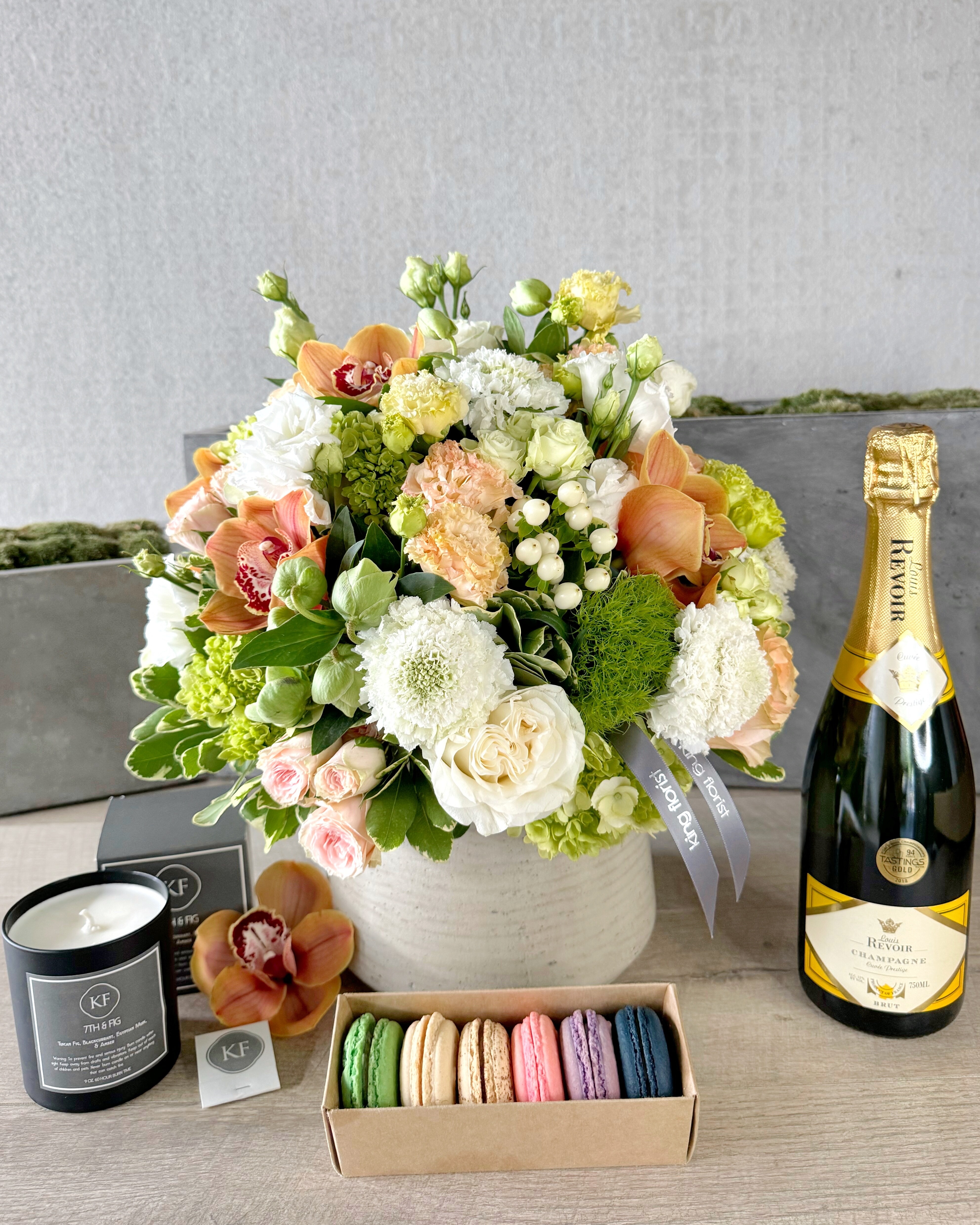 Floral Arrangement and All Add-Ons size, inches height and inches wide.