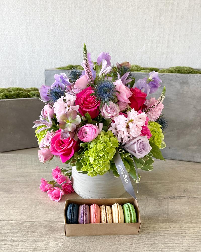 Floral Arrangement and Half Dozen Macarons size, inches height and inches wide.