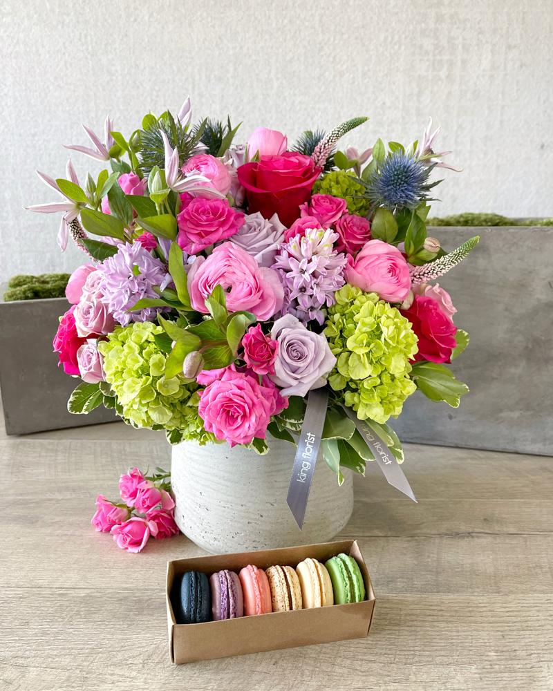 Floral Arrangement and Half Dozen Macarons size, inches height and inches wide.