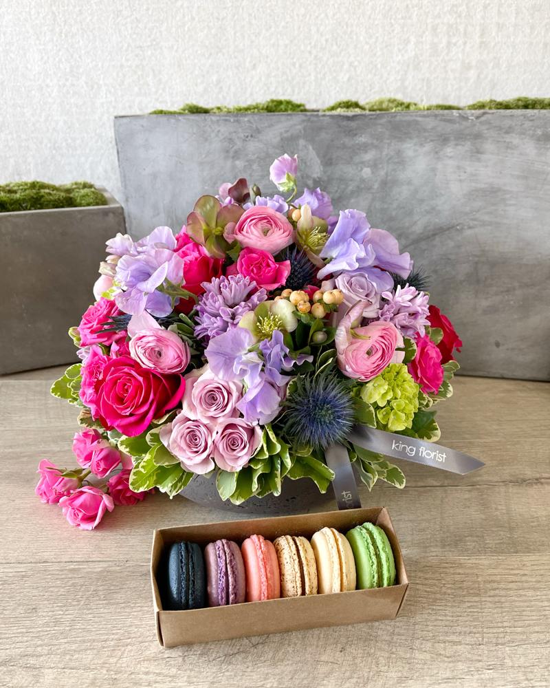 Floral Arrangement and Half Dozen Macarons size, inches height and inches wide.