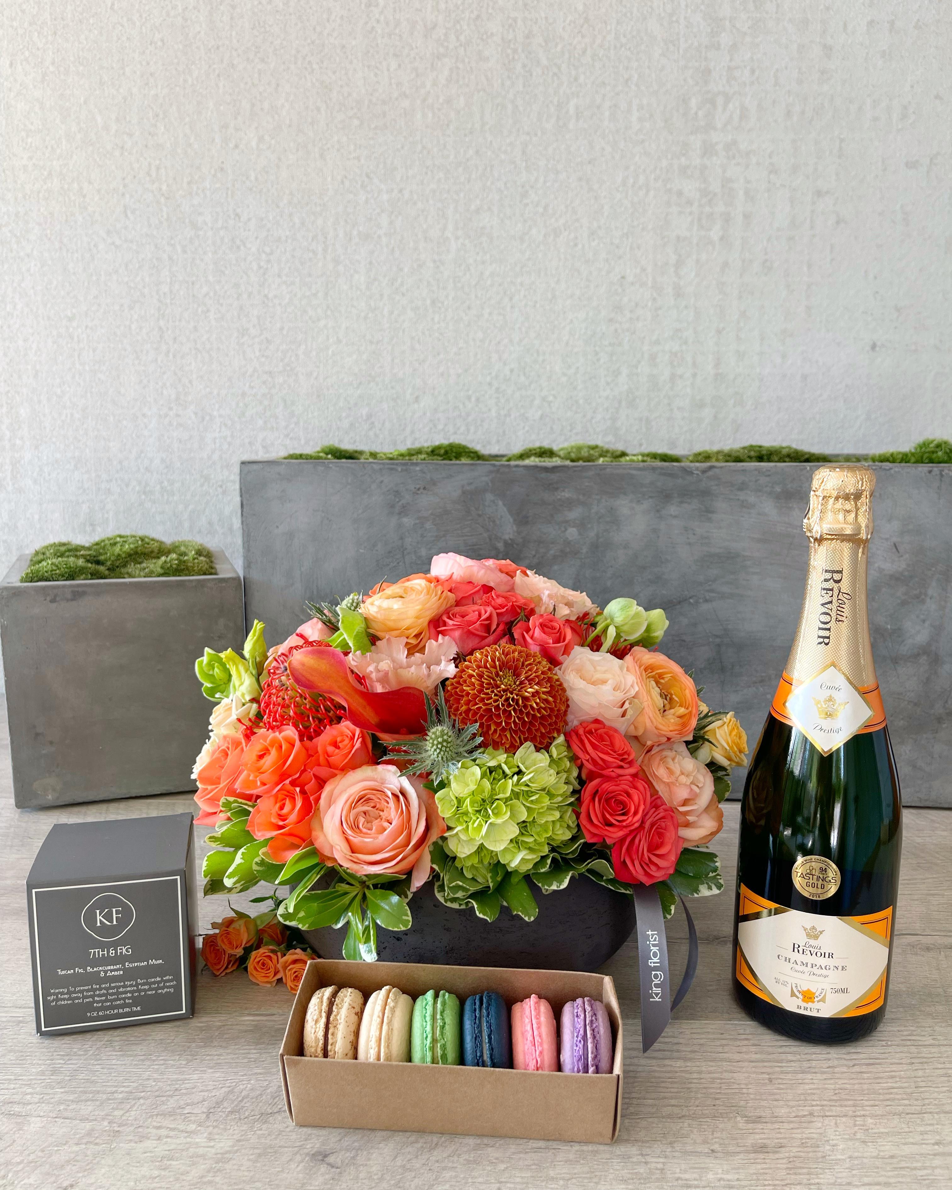 Floral Arrangement and All Add-Ons size, inches height and inches wide.