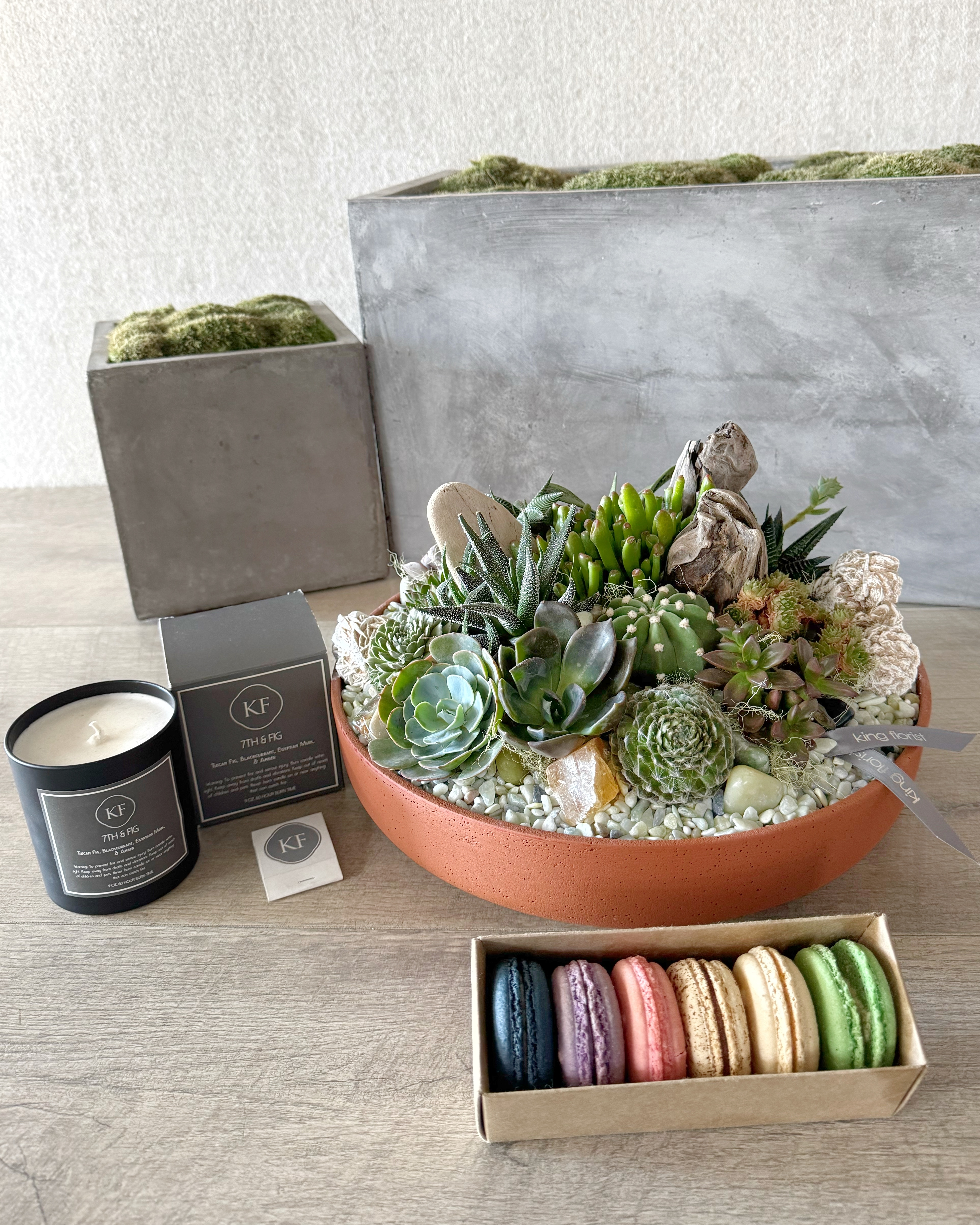 Garden, Half dozen Macarons, and Candle size, inches height and inches wide.
