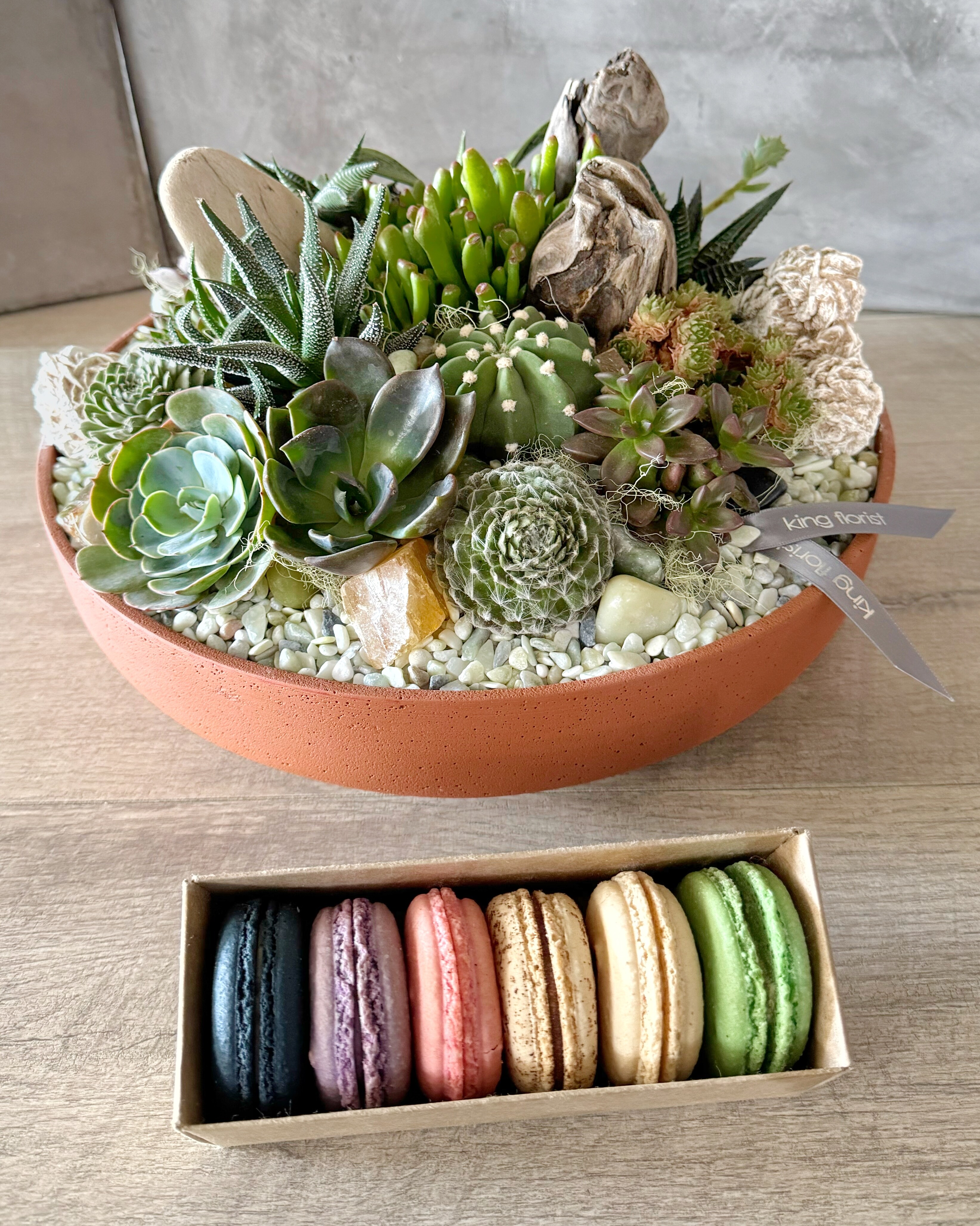 Garden and Half Dozen Macarons size, inches height and inches wide.