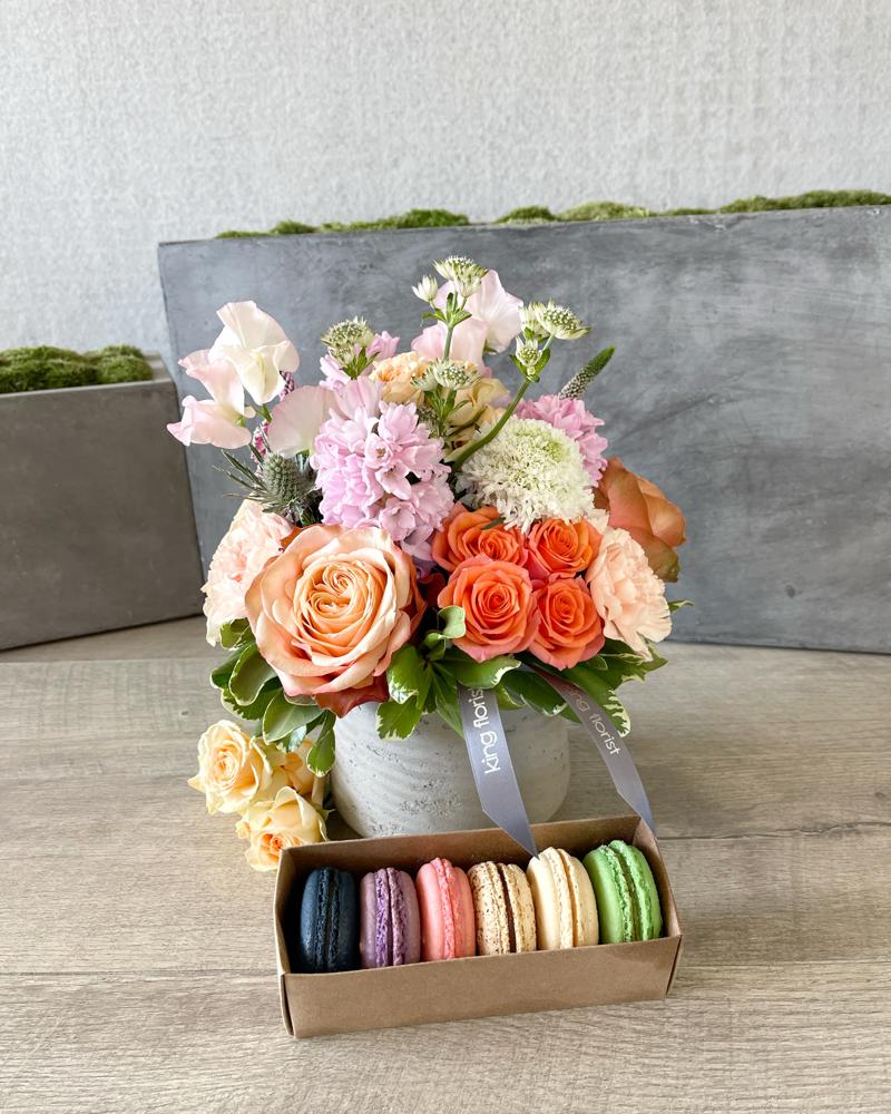 Floral Arrangement and Half Dozen Macarons size, inches height and inches wide.
