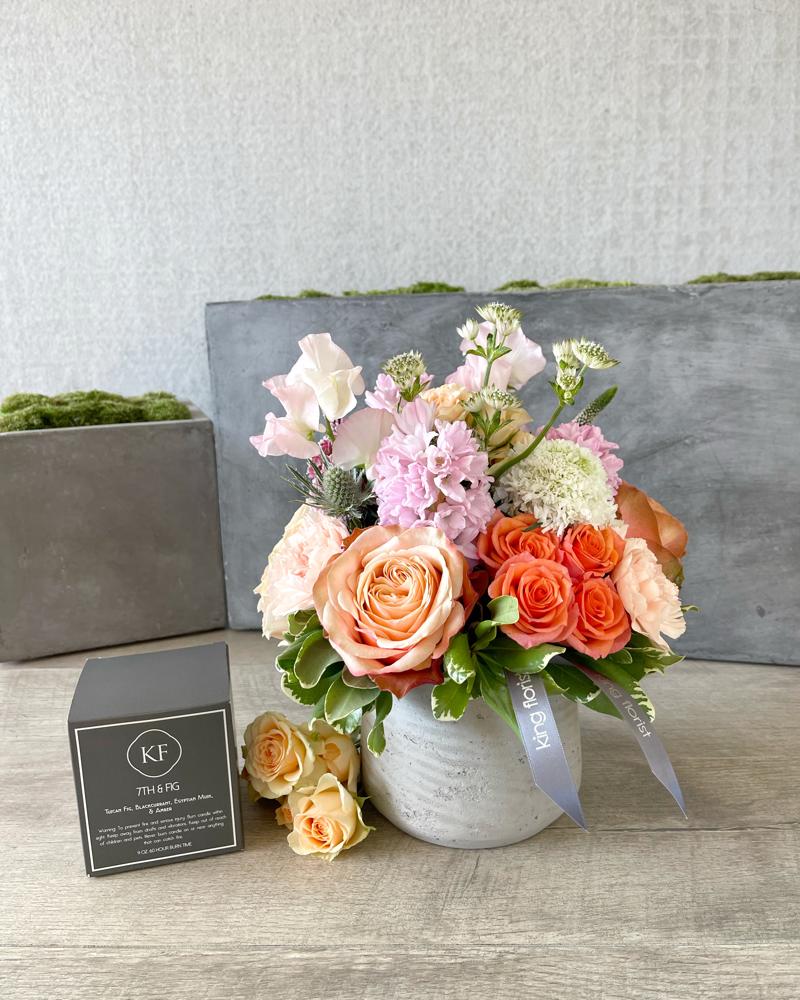 Floral Arrangement and Candle size, inches height and inches wide.