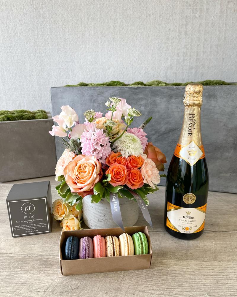 Floral Arrangement and All Add-ons size, inches height and inches wide.