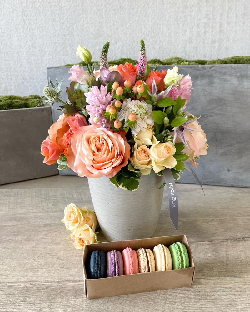Floral Arrangement and Half Dozen Macarons size, inches height and inches wide.