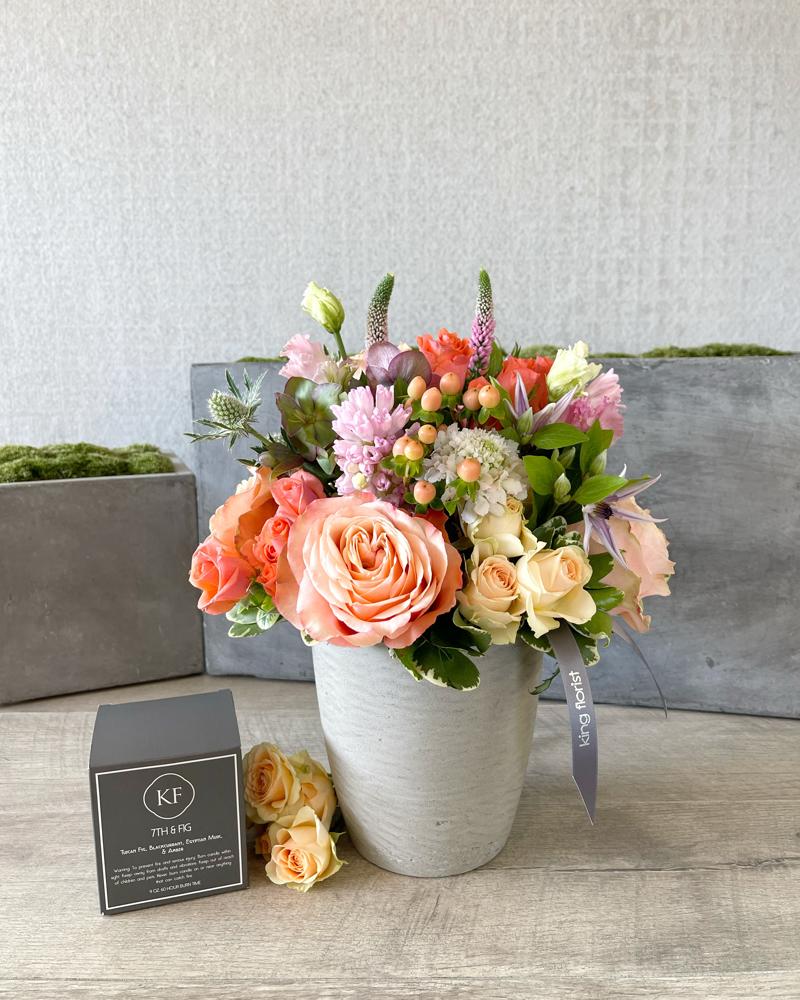 Floral Arrangements and Candle size, inches height and inches wide.