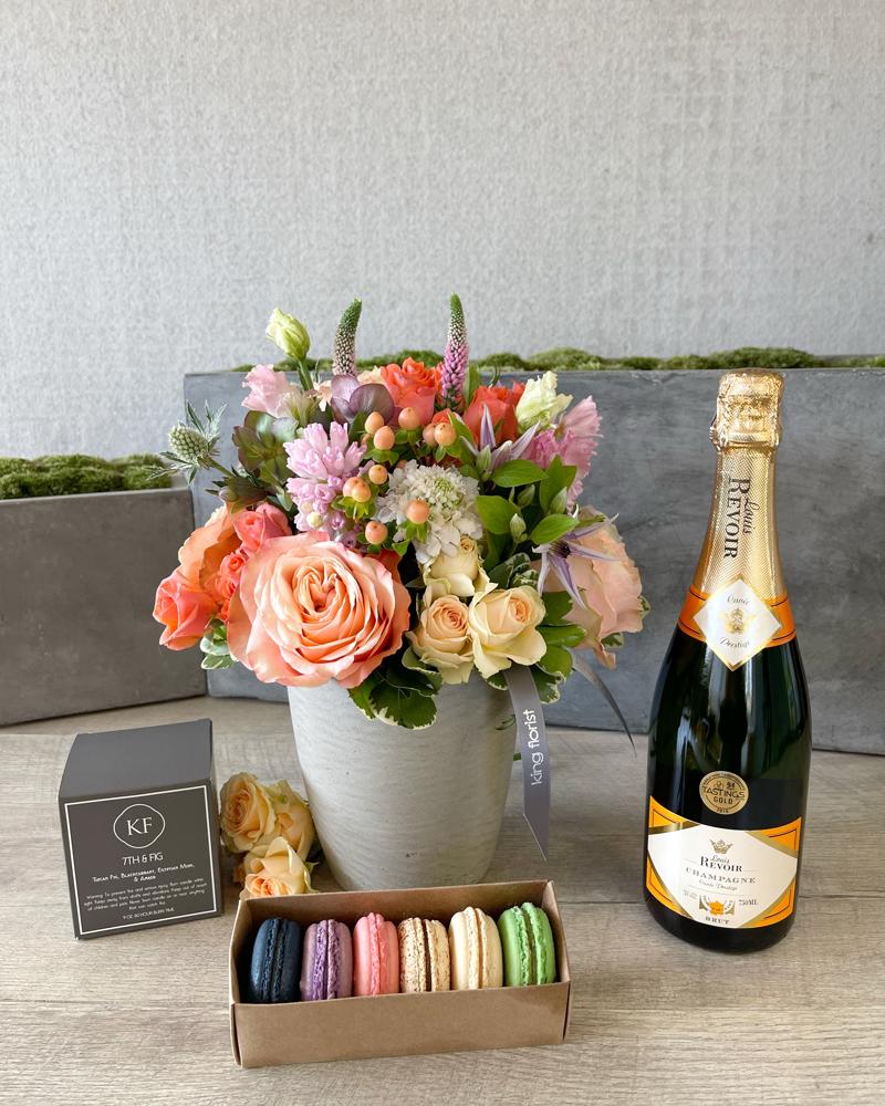 Floral Arrangement and All Add-ons size, inches height and inches wide.