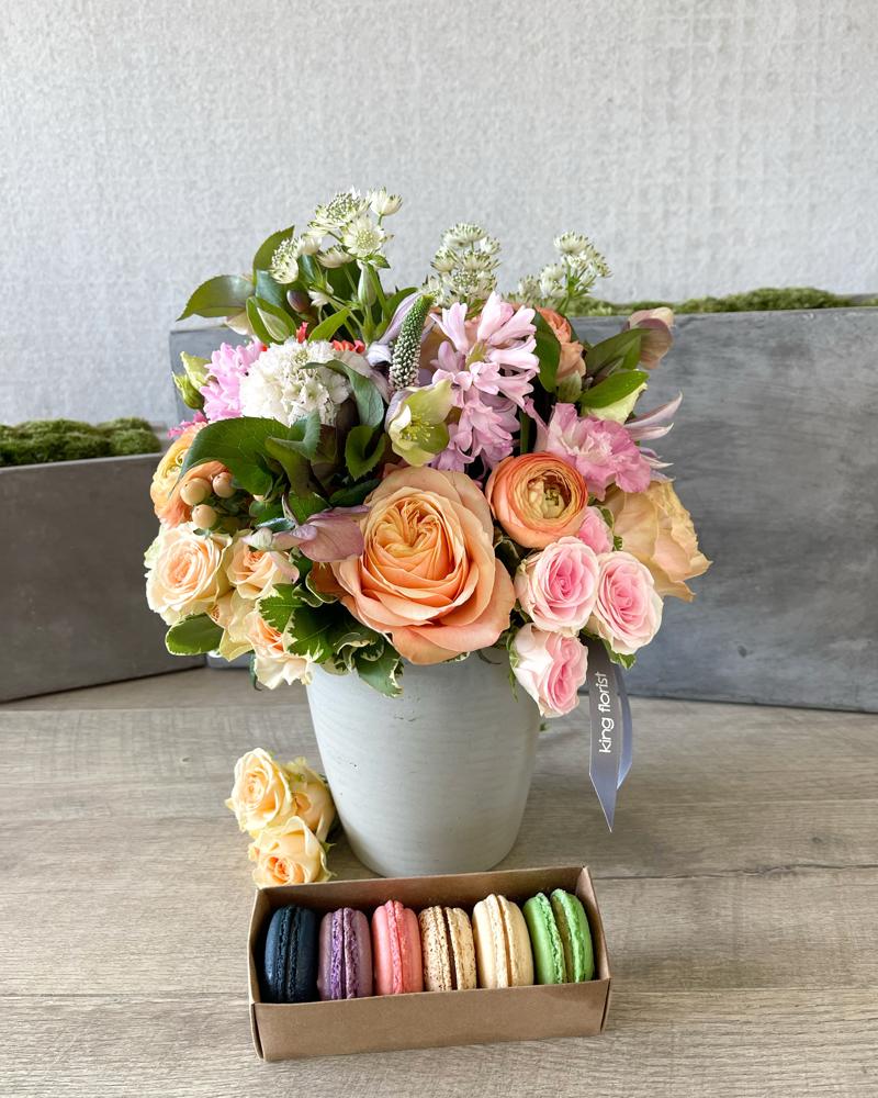 Floral Arrangement and Half Dozen Macarons size, inches height and inches wide.