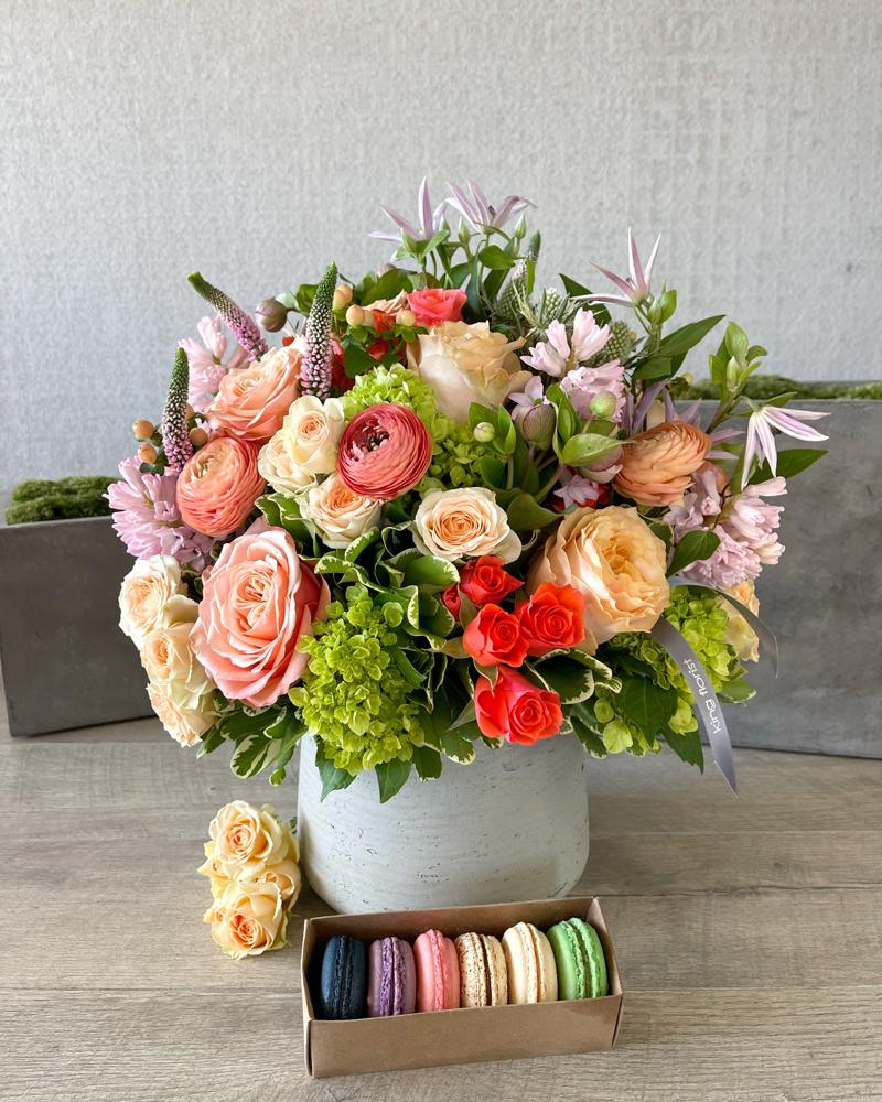 Floral Arrangement and Half Dozen Macarons size, inches height and inches wide.