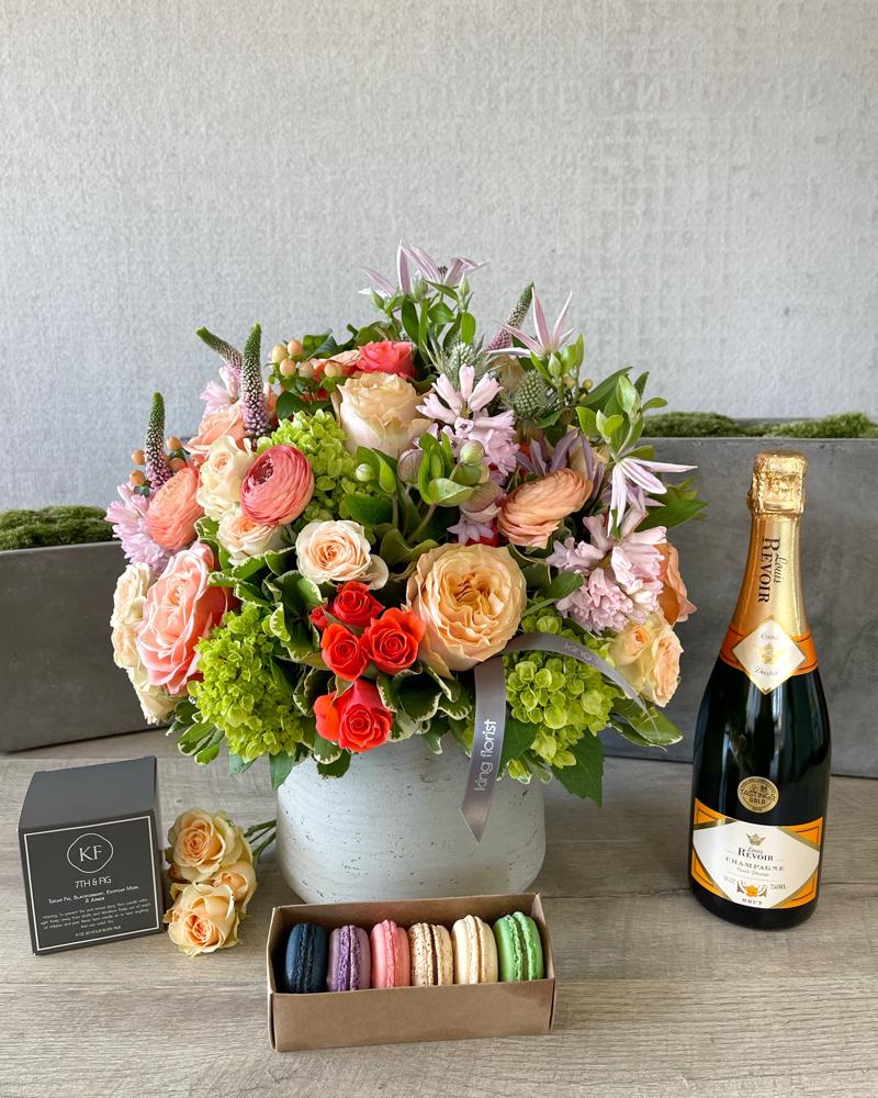 Floral Arrangement and All Add-ons size, inches height and inches wide.
