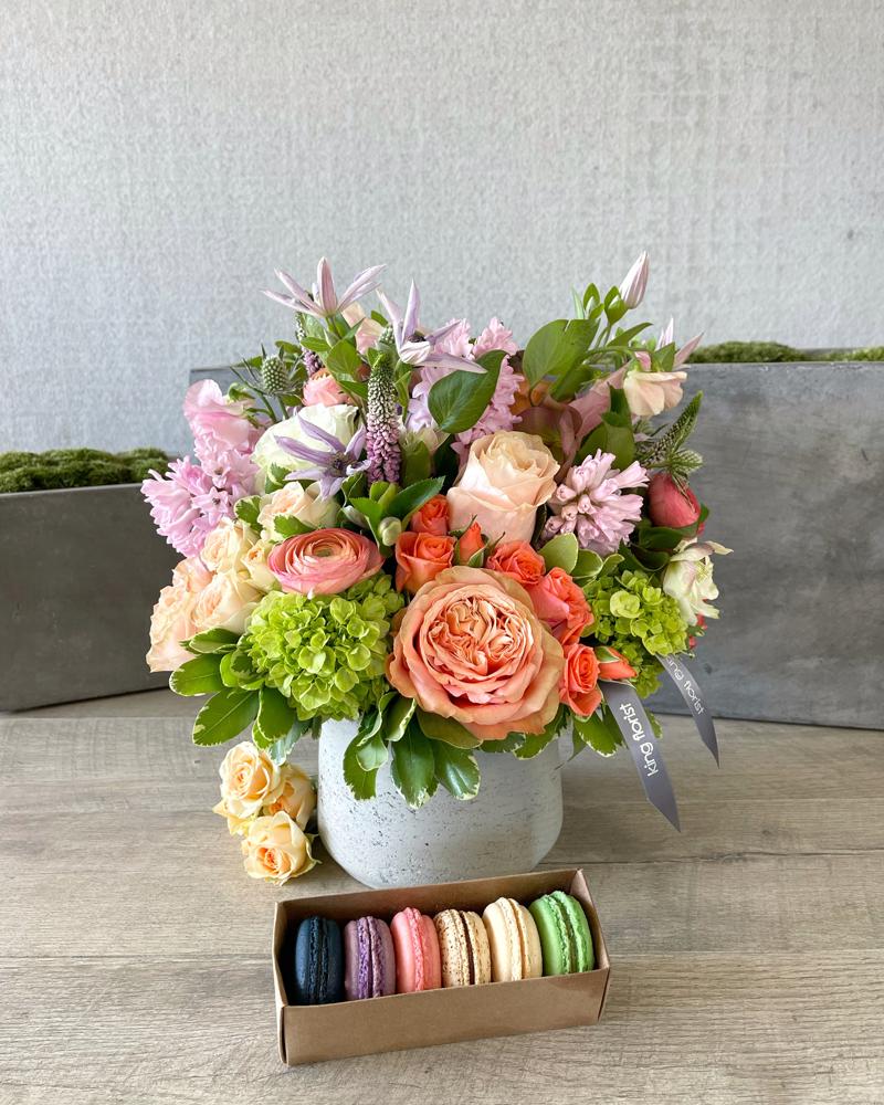 Floral Arrangement and Half Dozen Macarons size, inches height and inches wide.