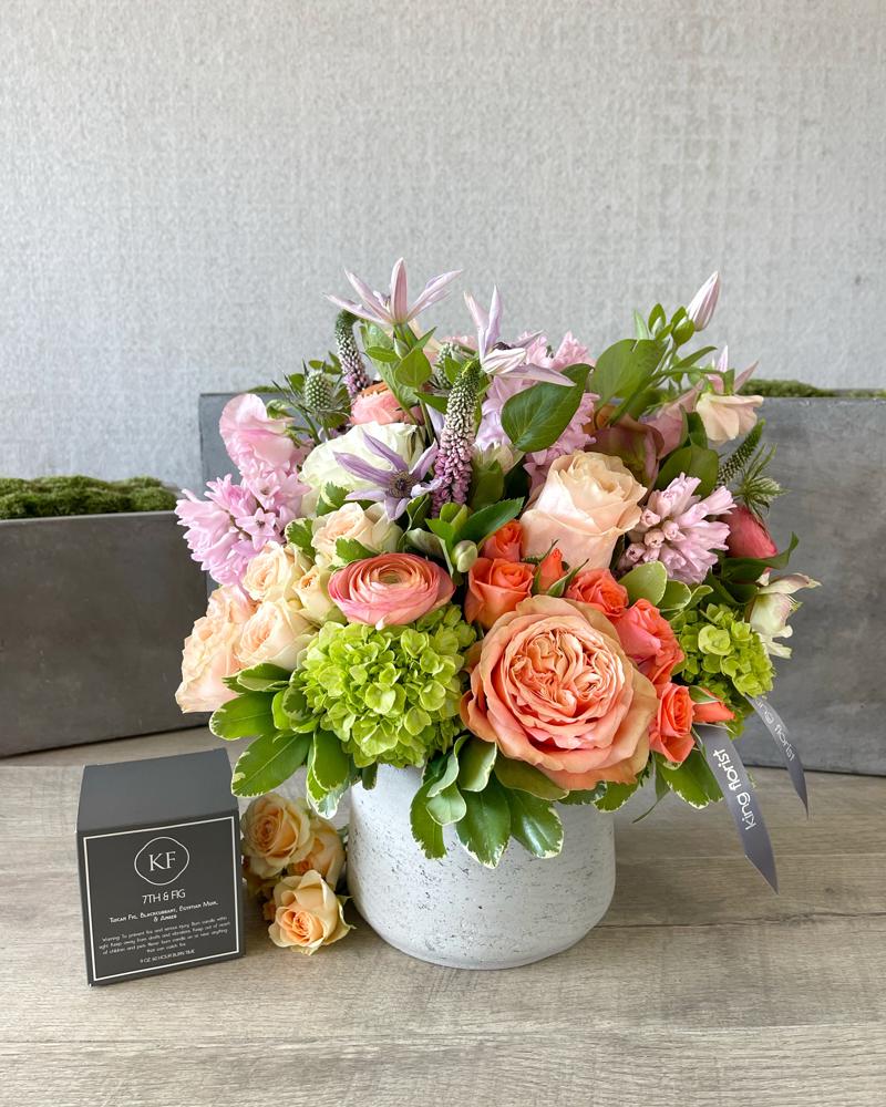 Floral Arrangement and Candle size, inches height and inches wide.