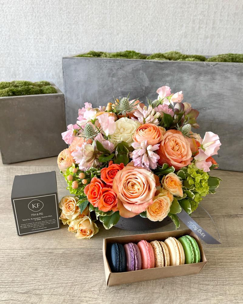 Floral Arrangement, Half dozen Macarons, and Candle size, inches height and inches wide.