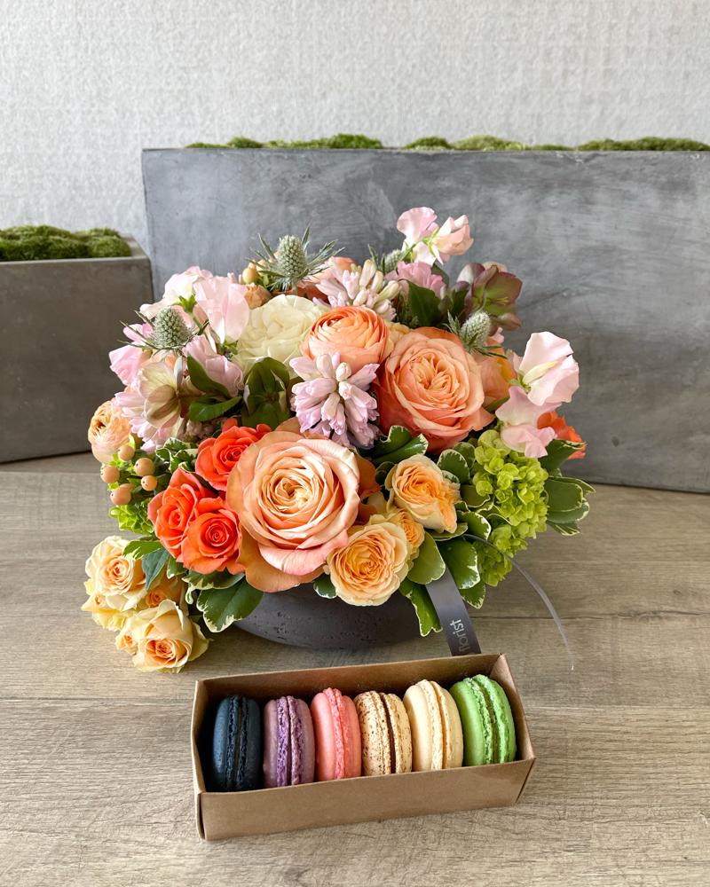 Floral Arrangement and Half Dozen Macarons size, inches height and inches wide.