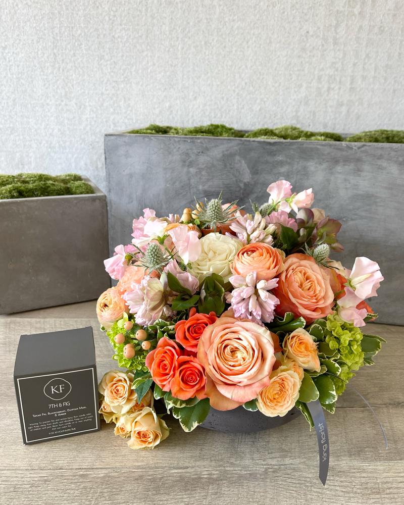 Floral Arrangement and Candle size, inches height and inches wide.