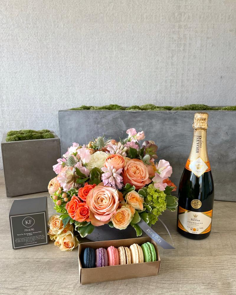 Floral Arrangement and All Add-ons size, inches height and inches wide.
